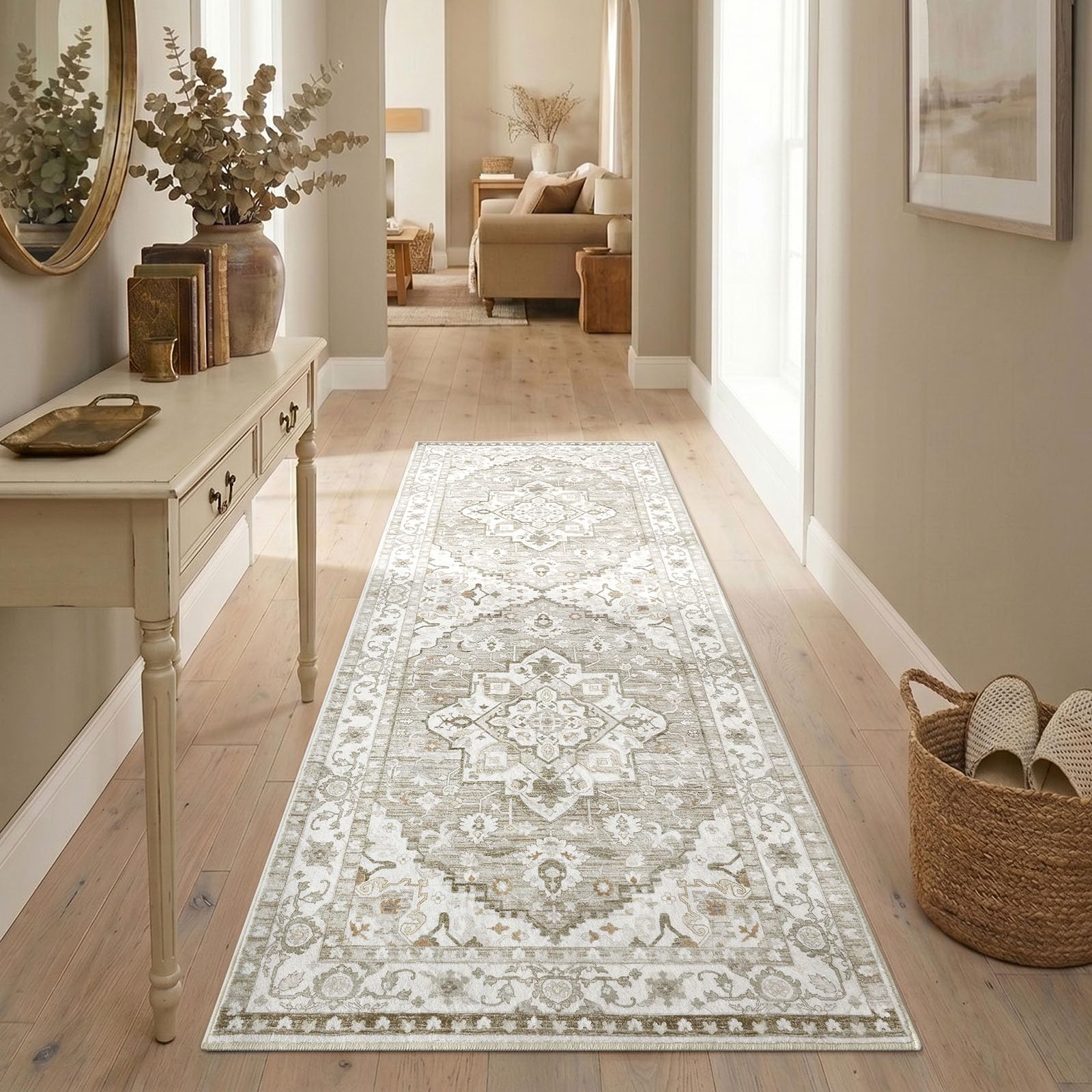 Homaxy Vintage Runner Rugs for Hallway Washable Anti Slip Rug Low Pile Boho Lounge Carpet for Bedroom, Nursery, Kitchen - 60 x 240 cm, Accent Beige — image 1