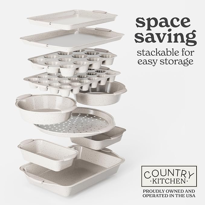 Country Kitchen Nonstick Stackable Bakeware Set - Heavy Duty, Durable, Easy Release Baking Set, Sage, 10 Pcs