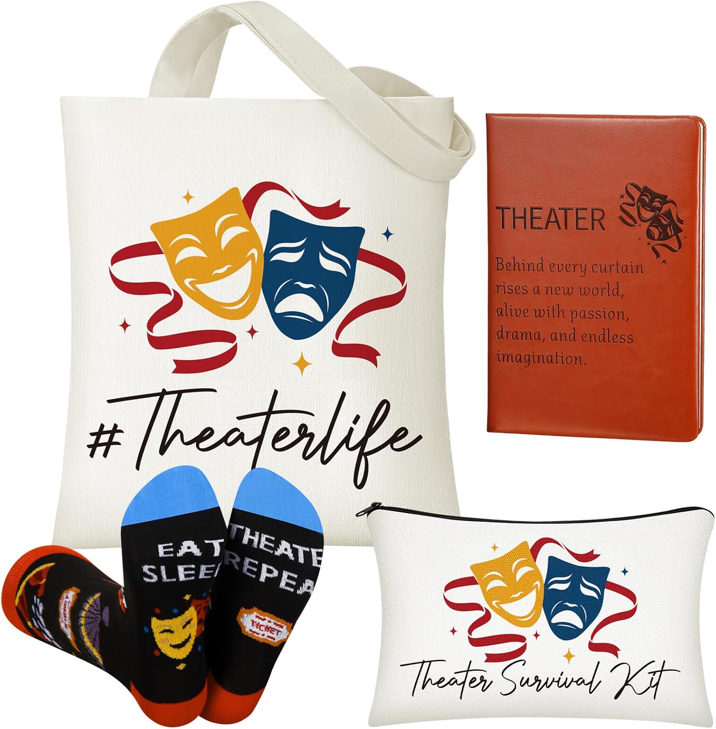 4 Pack Theatre Gift Set for Musical Theater Lovers Canvas Tote Makeup Bag Crew Socks Leather Notebook for Broadway Actors Drama Students Birthday Graduation Gifts