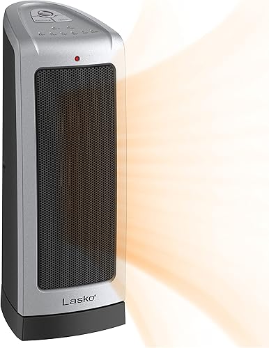 Miniatura 2 de Lasko Oscillating Ceramic Tower Space Heater for Home with Adjustable Thermostat, 2-Speeds, Silver & Electric Ceramic Space Heater with Tip-Over