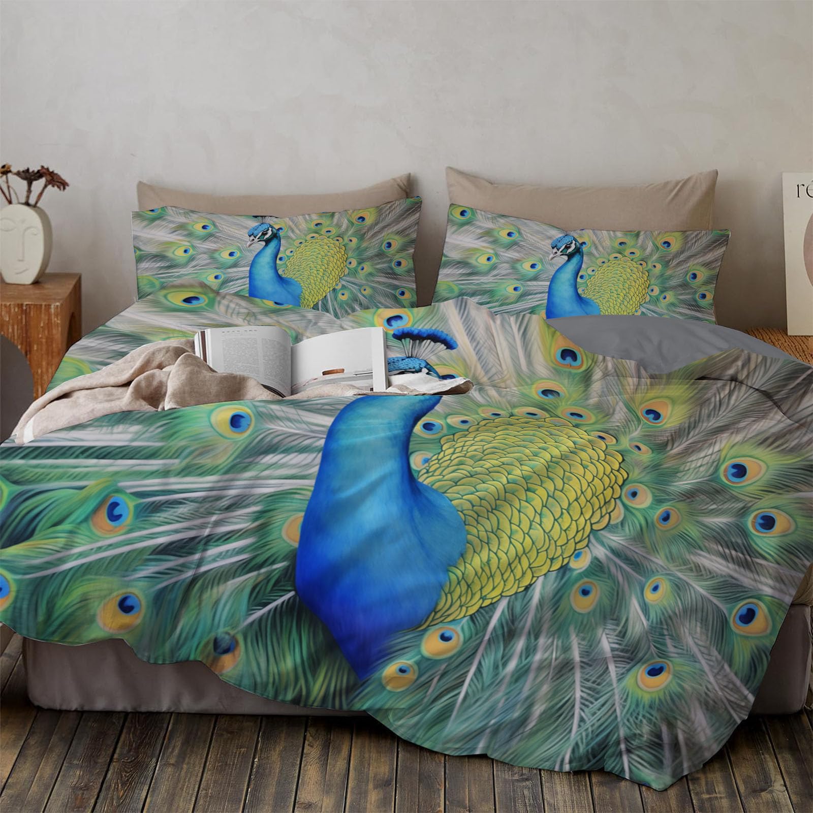 Parure de lit 220x240cm plume de paon grise pour créer une ambiance cocooning dans votre chambre