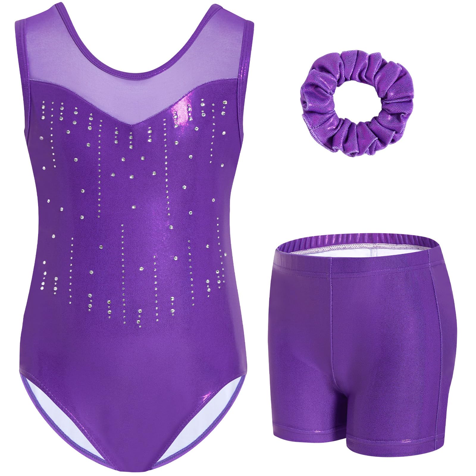 Gogokids Conjunto de gimnasia para niña sin mangas 3 piezas con pantalones cortos y cinta para el pelo cuello de malla insertado 3-12 años