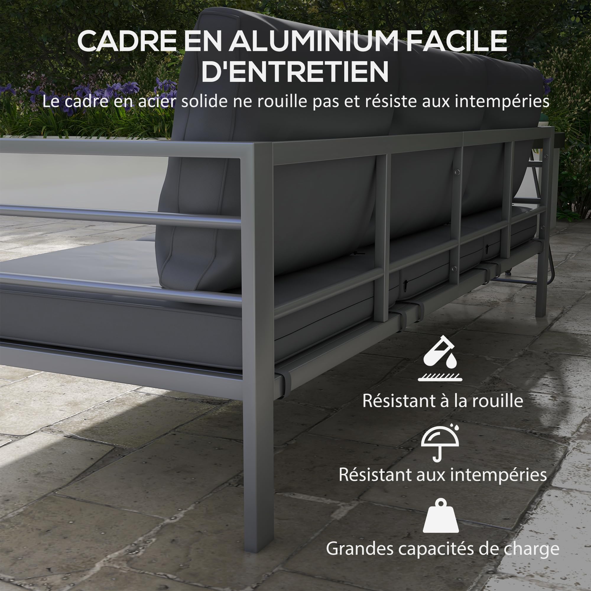 Outsunny Canapé de Jardin 3 Places Extérieur Aluminium 185L x 66l x 64H cm | Coussins d'Assise et Dossier