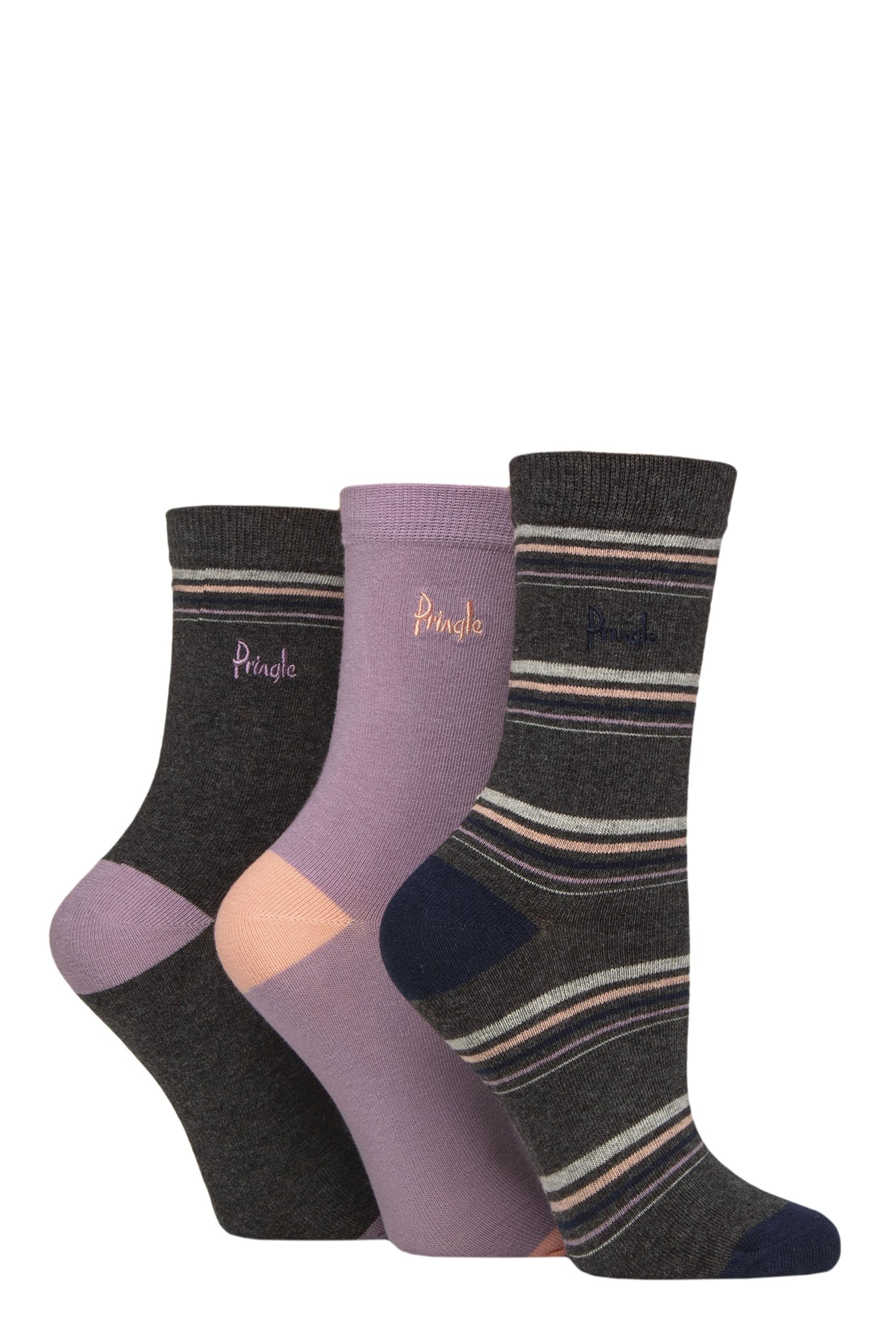 Pringle Of Scotland Women's Charcoal Thin Stripe Patterned Cotton Socks Pack Of 3 (Uk, Numeric, 4, 8, Regular, Regular, )