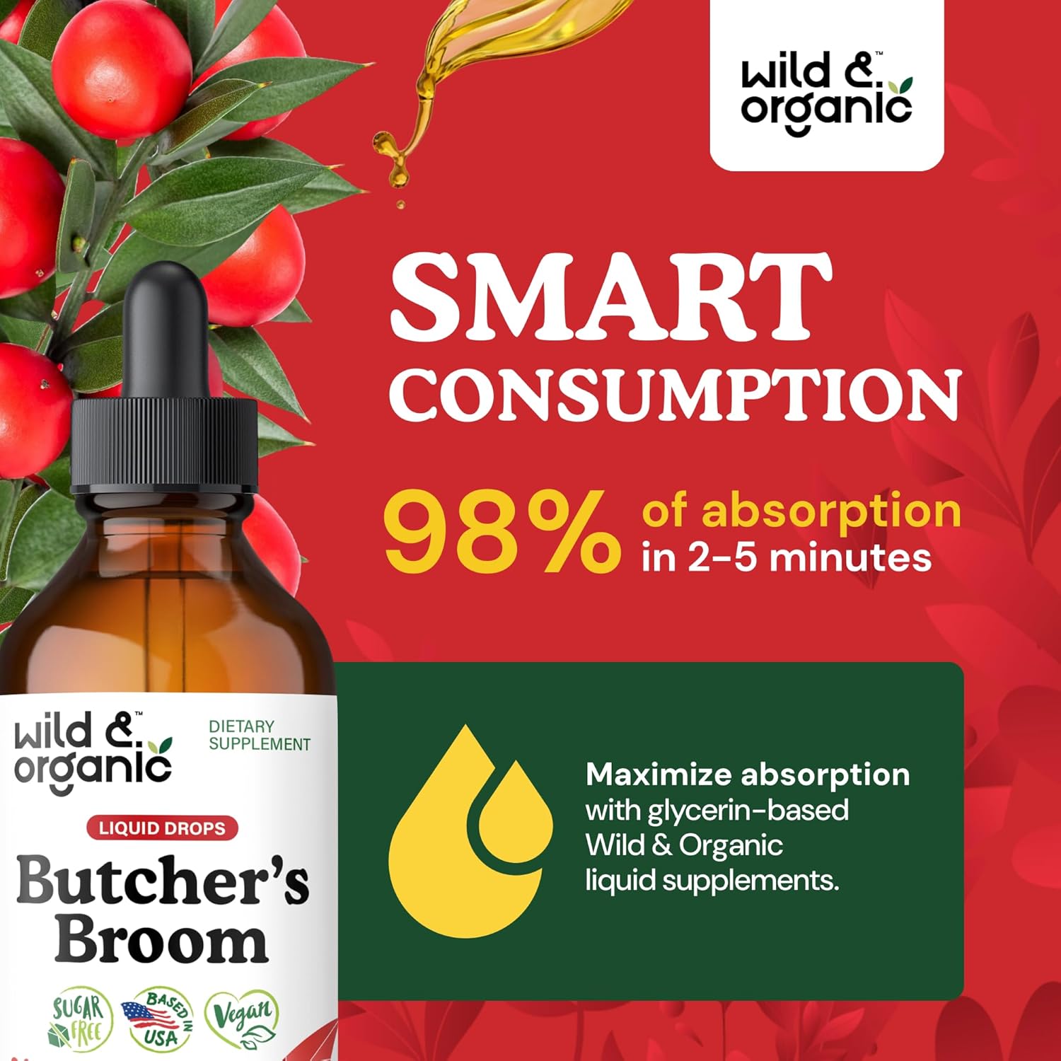 Wild & Organic Butchers Broom Tincture - Leg Support Supplement - Ruscus Aculeatus Root Drops - Herbal Butchers Broom Supplement - Vegan, No Alcohol & Sugar - 4 fl oz - Image 4