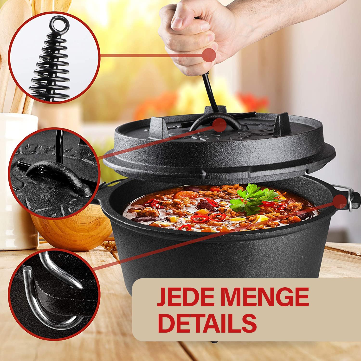BUFFALO BBQ Feuertopf | Eingebrannter 7,5 L Dutch Oven aus Gusseisen | für Kochen, Braten & Grillen | Perfekt für Camping | Inkl. Deckelheber, Tragetasche & 2in1 Gusseisendeckel