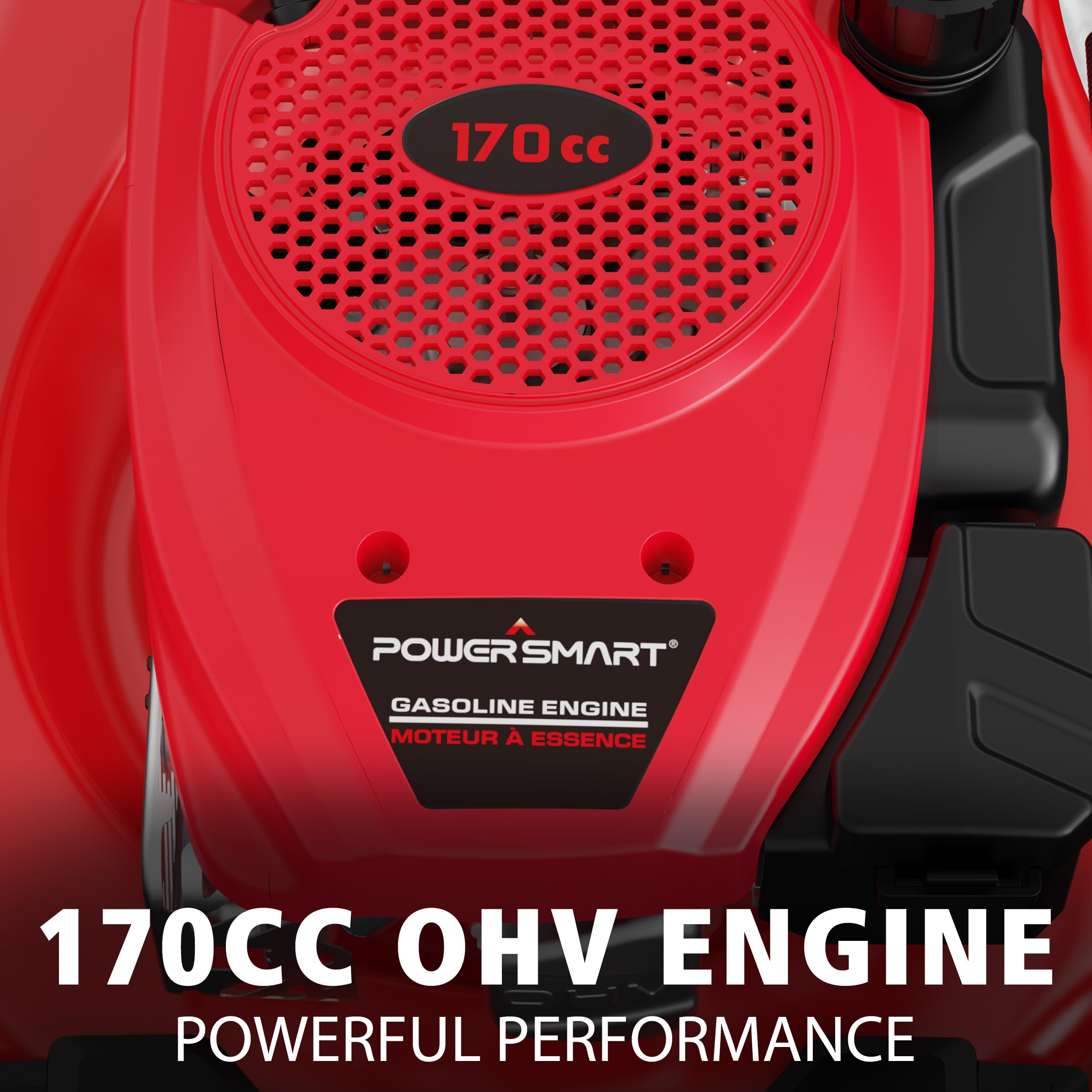 PowerSmart Cortacésped autopropulsado de gas 3 en 1 de 21 pulgadas, motor OHV de 170 cc, embolsado/mantillo/descarga trasera, 6 alturas de corte, cubierta de acero duradero, tracción trasera, para