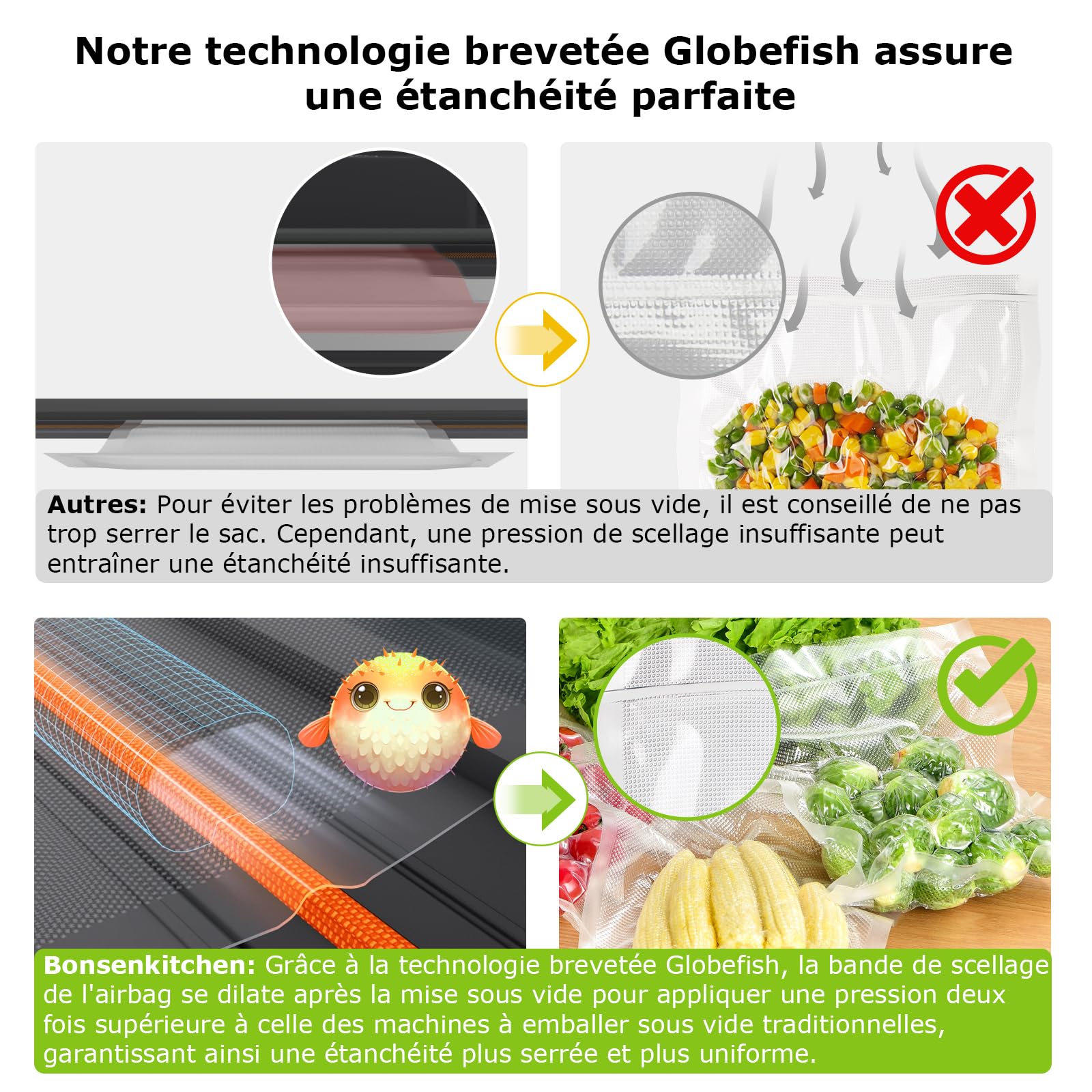 Bonsenkitchen Machine Sous Vide Alimentaire, Puissante et Silencieuse, Technologie Globefish pour un Travail Continu, Conception avec Poignée Verrouillée, Cutter Intégré, Noir