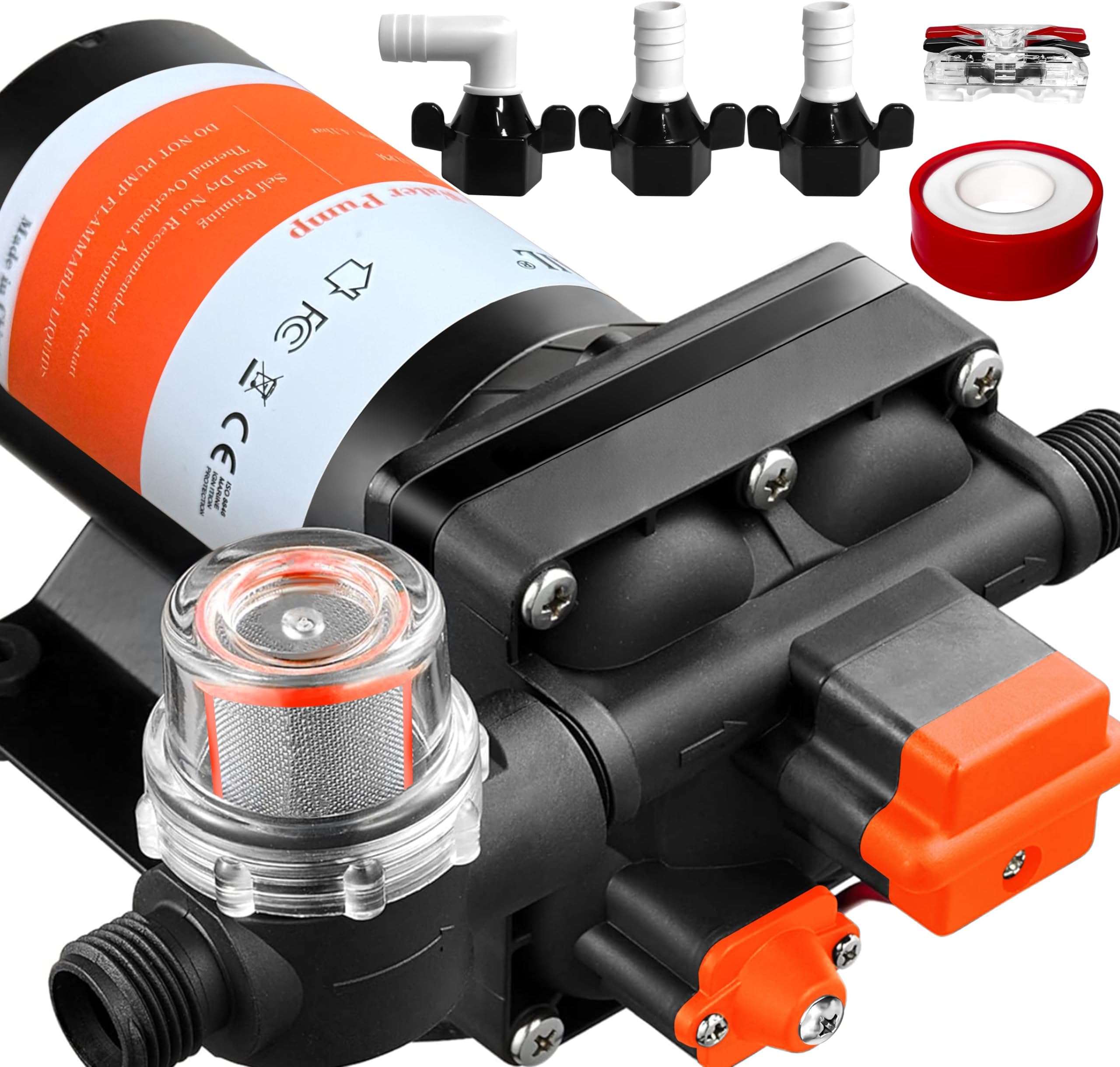 [Upgraded Version] 12V DC Self-Priming Diaphragm Water Pump,30-70 PSI Continuously Adjustable,6.0GPM Water Flow,RV Fresh Water Pump with Automatic Pressure Switch for RV, Yacht, Camper