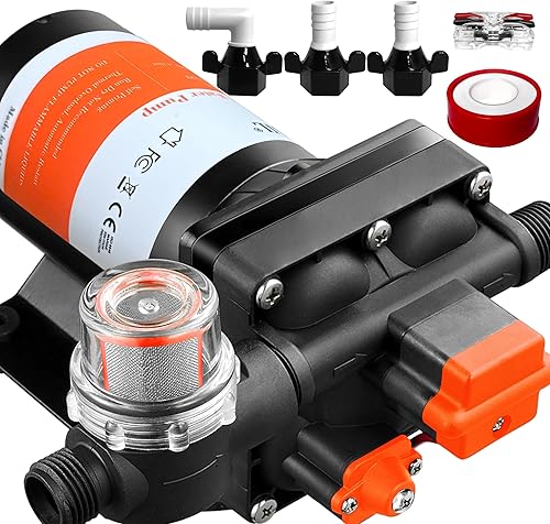 Versión mejorada Bomba de agua de diafragma autocebante de 12 V CC, 30-70 PSI ajustable continuamente, flujo de agua de 6.0 GPM, bomba de agua dulce