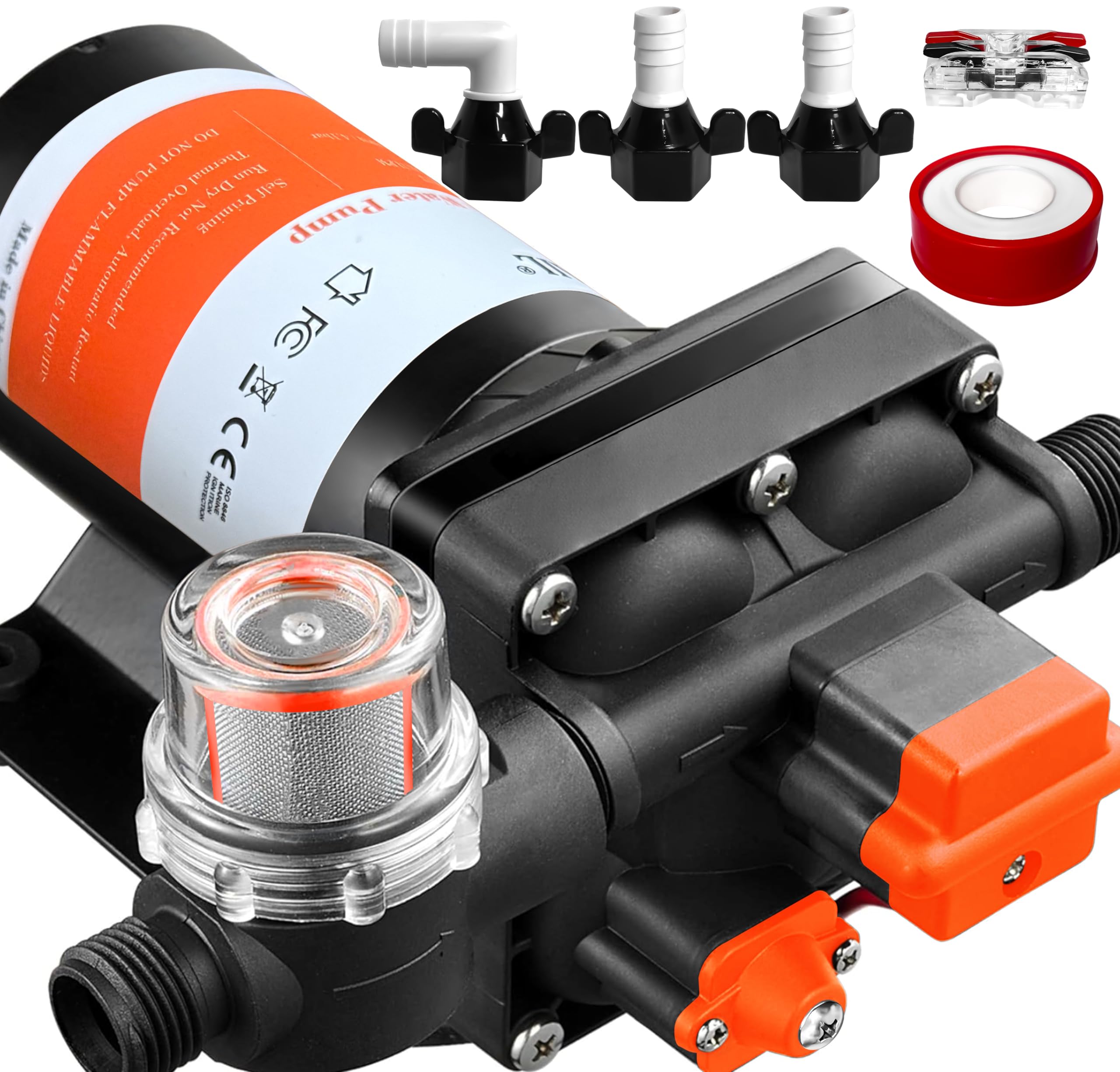 [Upgraded Version] 12V DC Self-Priming Diaphragm Water Pump,30-70 PSI Continuously Adjustable,6.0GPM Water Flow,RV Fresh Water Pump with Automatic Pressure Switch for RV, Yacht, Camper