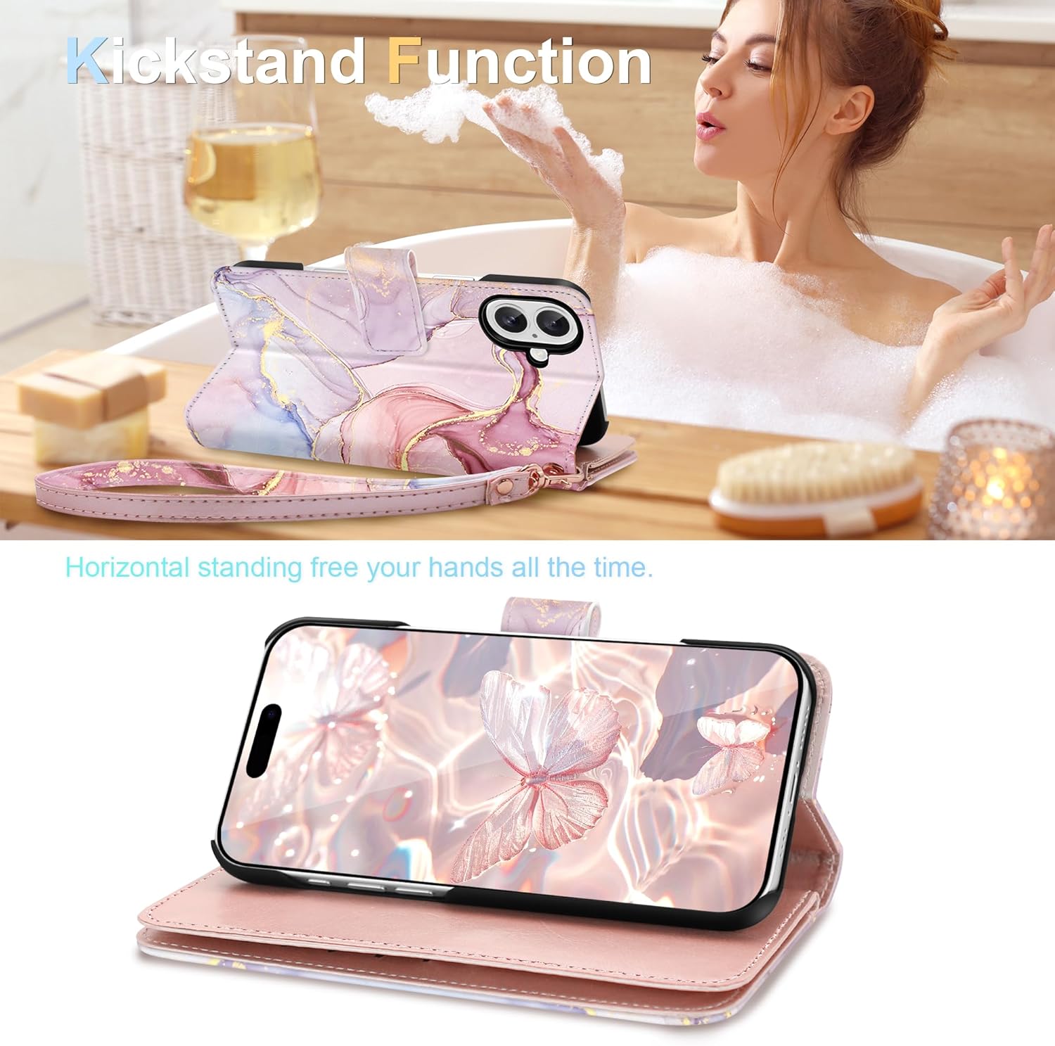 Fingic for iPhone 16 Wallet Case(NOT fit for iPhone 16 Plus/iPhone 16 Pro/iPhone 16 Pro Max)[with 9 Card Holder] Marble Rose Gold PU Leather Detachable Wrist Strap Fullbody Slim Shockproof Case,2024 - Image 7
