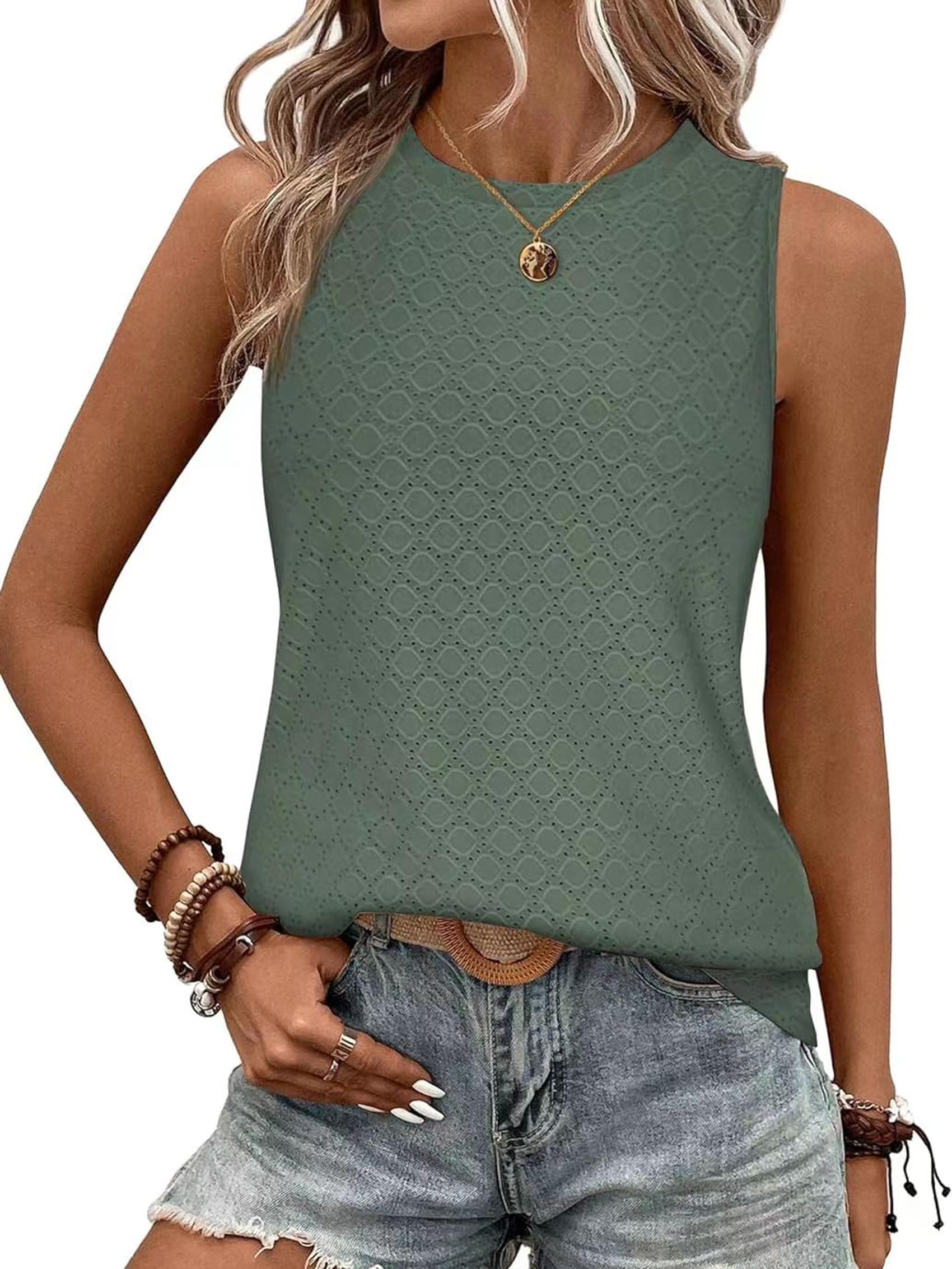 BAISHENGGT Damen Tank Tops Sommer Rundhals Ärmellos Ausgehöhlt Basic T Shirt Oberteile