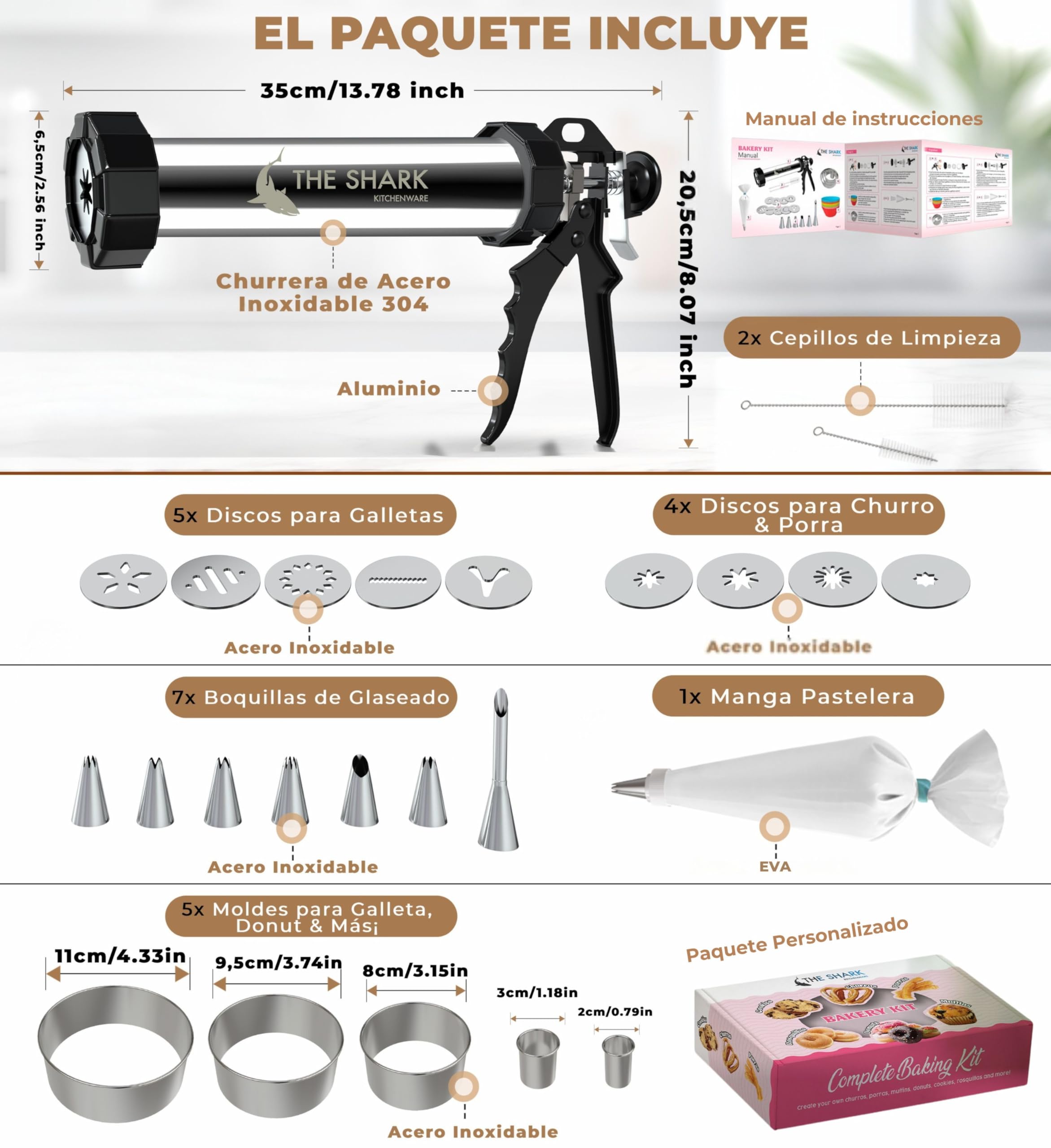Churreras para Churros y Porras de Acero Inoxidable 304 – Rápida, Fácil de Limpiar y de Gran Capacidad – Ideal Postres Caseros y Cocina Familiar – Kit Reposteria Profesional para Chefs y Principiantes