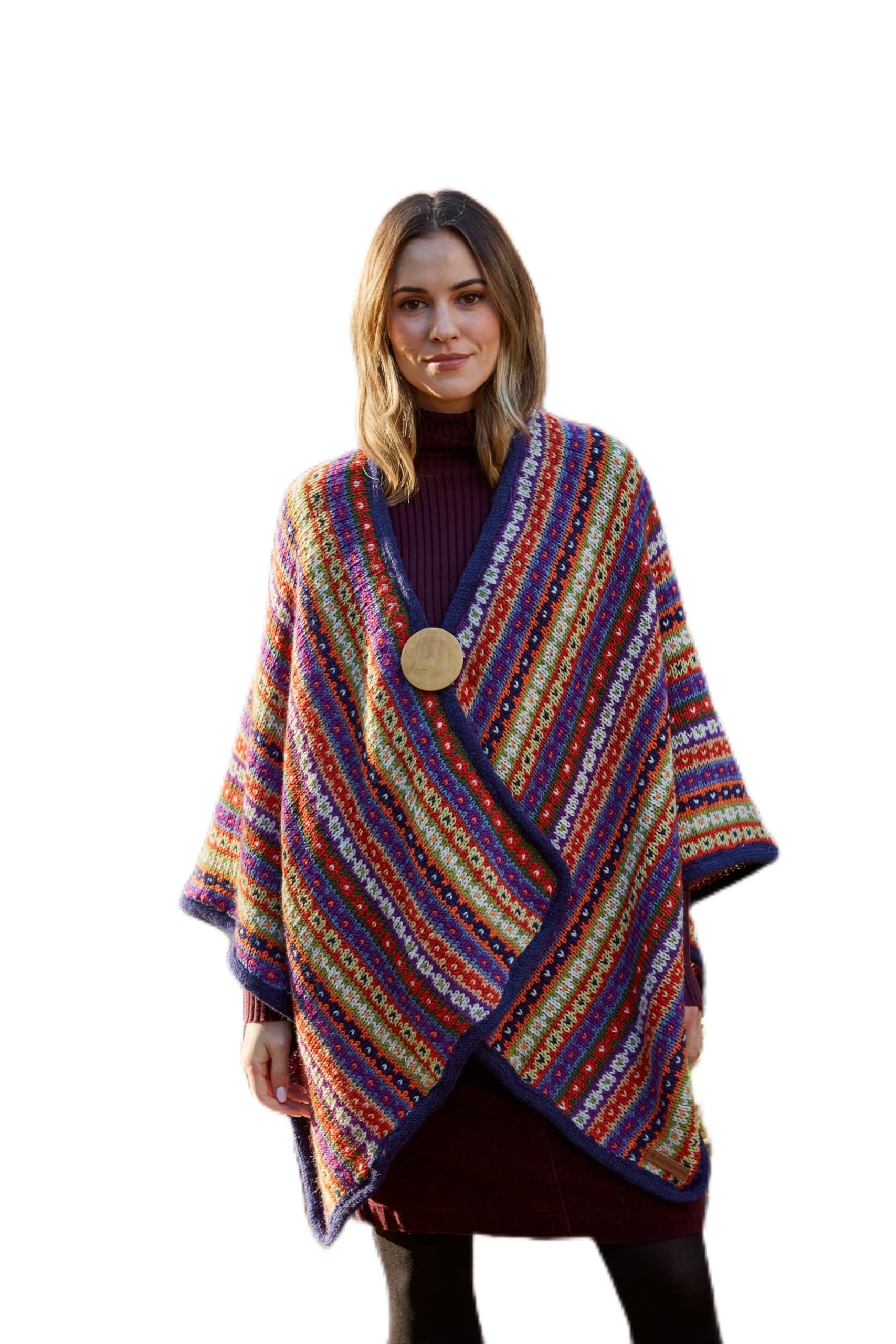 Pachamama Women Wool Wrap Handknitted Traditional Fair Isle Blue Multicoloured One Size Handmade Winter Thermal Extra Warm Shawl Cape Fair Trade