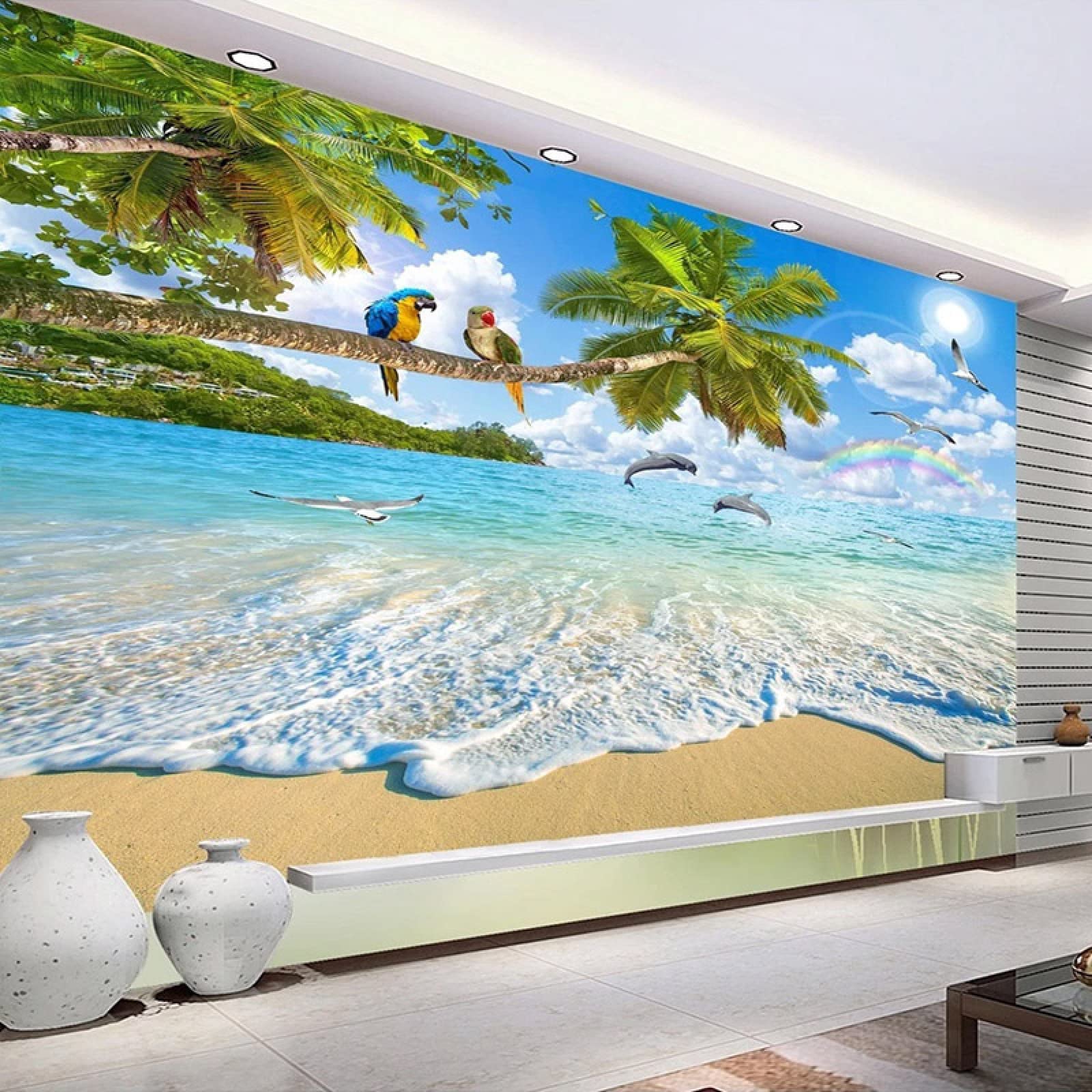 Papier peint murale 3D autocollant en PVC motif plage et dauphin pour salon