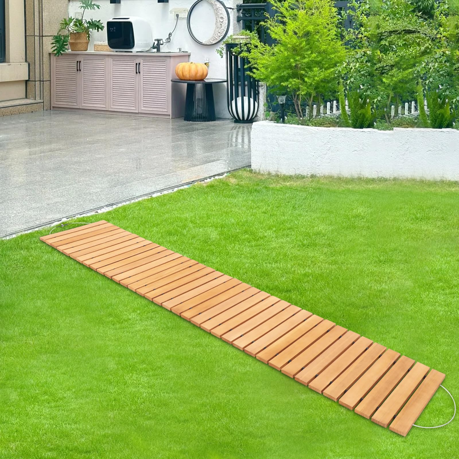 Rollbarer Holz-Gartenweg 240 * 43 cm Rollweg Dekorativer Garten-Gehweg Außenweg Holzweg, wetterfest, rutschfest, Wege im Garten Hinterhof Terrasse