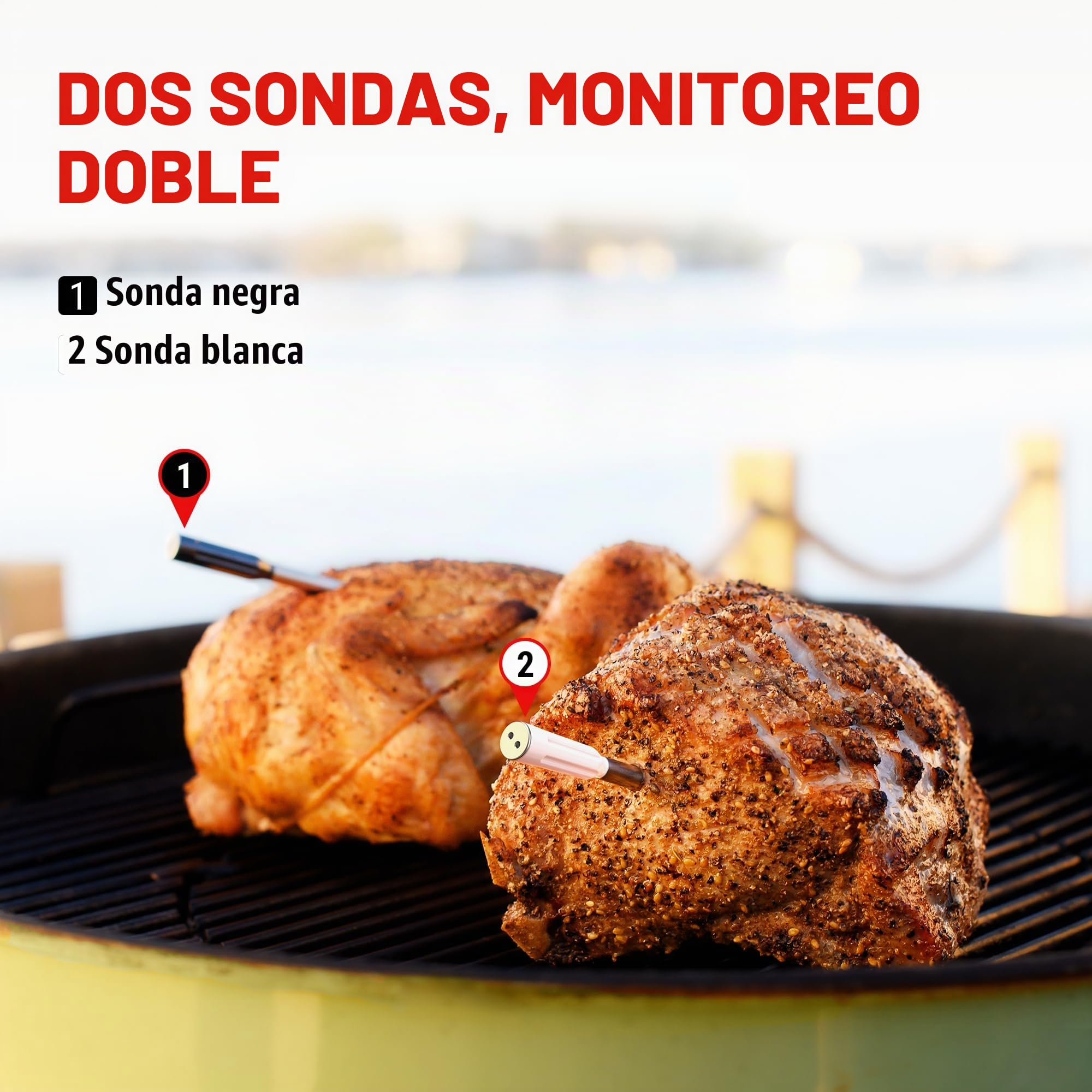 ThermoPro TempPro Sonda doble Termómetro para carne verdaderamente inalámbrico de 150m, termómetro para alimentos Bluetooth con refuerzo mejorado con LCD, para freidoras, barbacoa, horno y ahumador