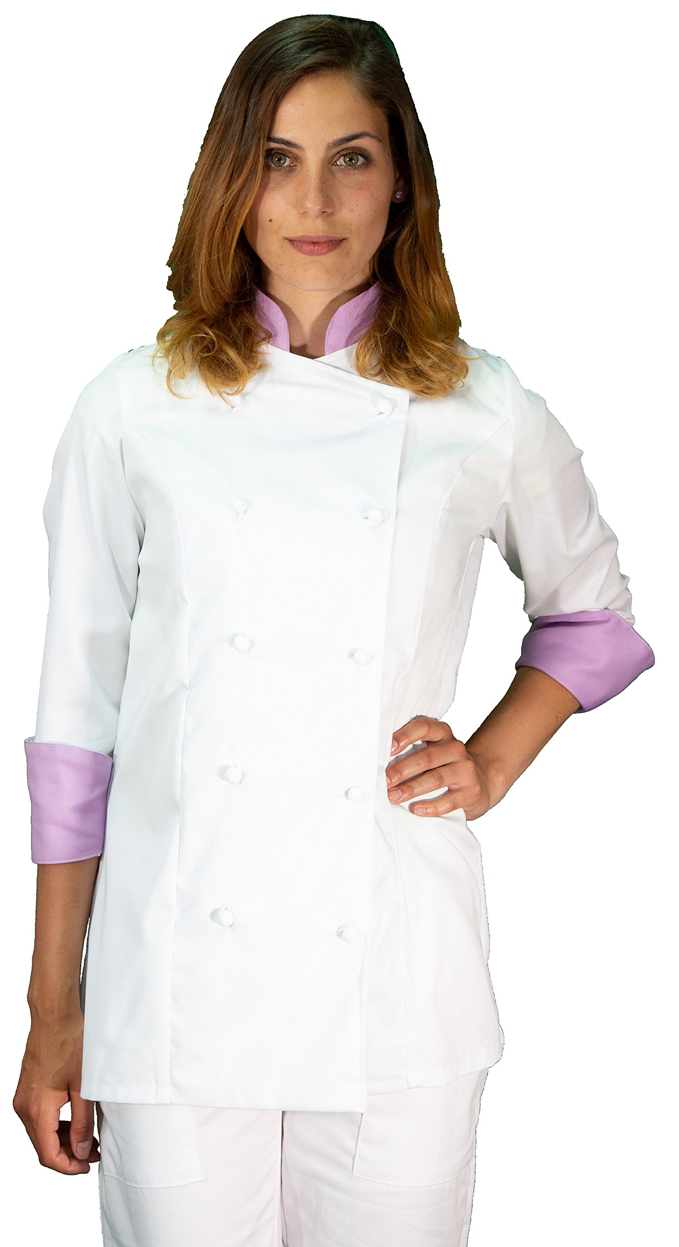 Ricamo Gratuito - Completo Cuoco da Cucina - Bianco e Lilla - Divisa Chef Donna - Pantalone, Giacca e Grembiule - Made in Italy