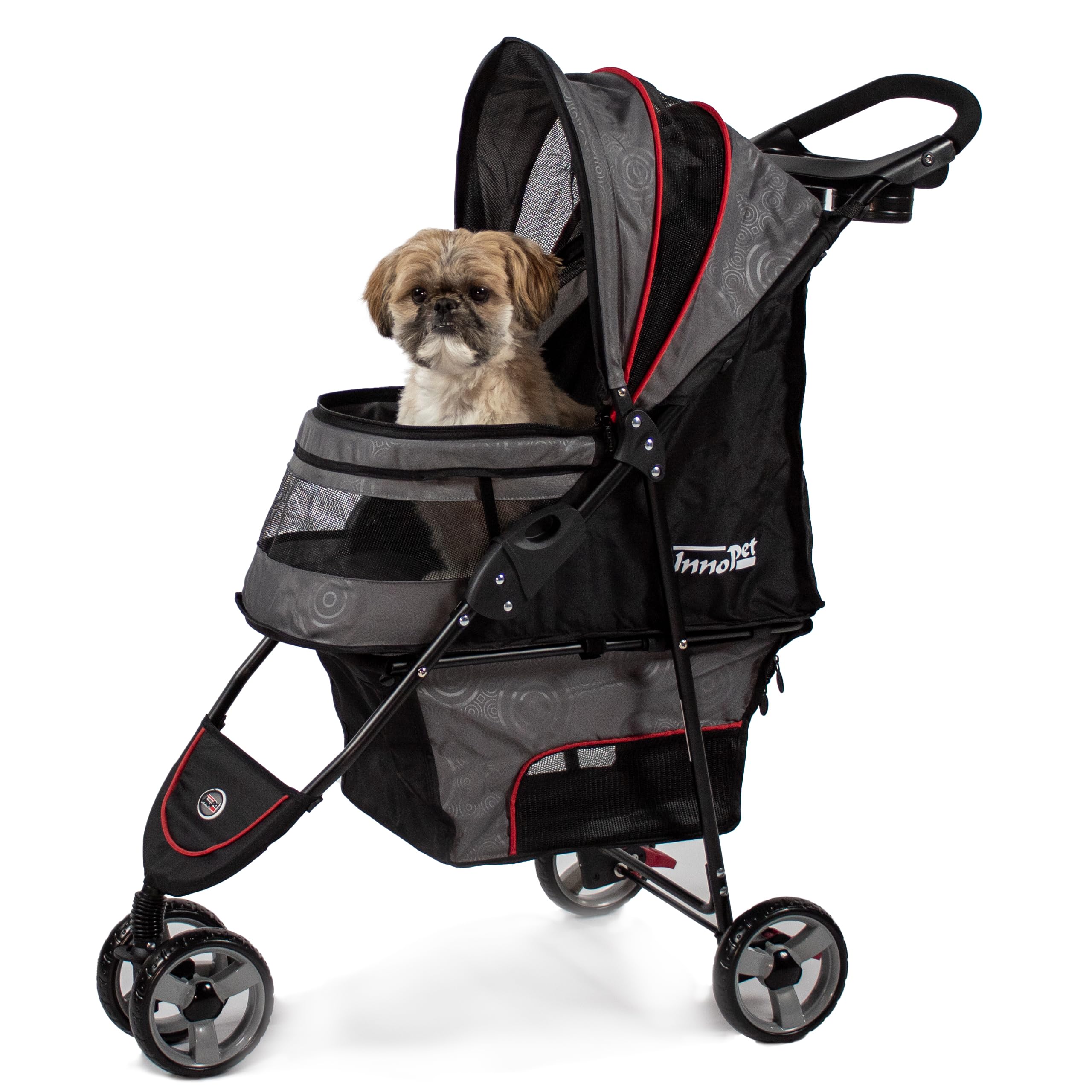 Passeggino leggero Innopet Avenue per cani e gatti, grigio/rosso - Passeggino urbano compatto per animali domestici con copertura antipioggia, cinture di sicurezza e cestino portaoggetti