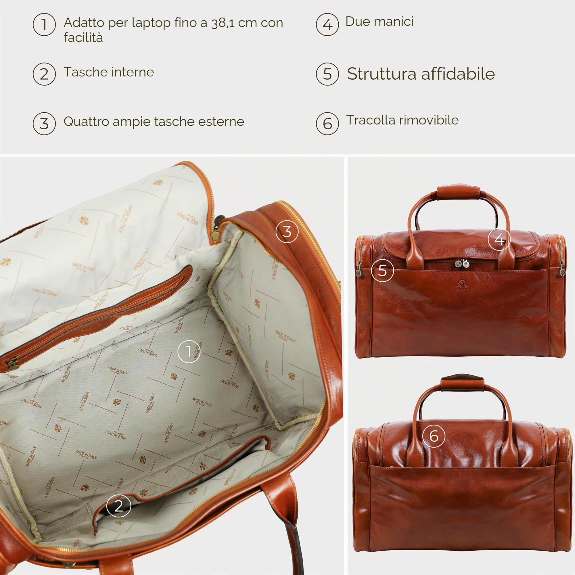 Time Resistance Borsone da Viaggio Pelle Artigianale Made in Italy – Borsone da Viaggio Donna Weekend con Tracolla Rimovibile – Borsone in Pelle Uomo con 4 Tasche Esterne