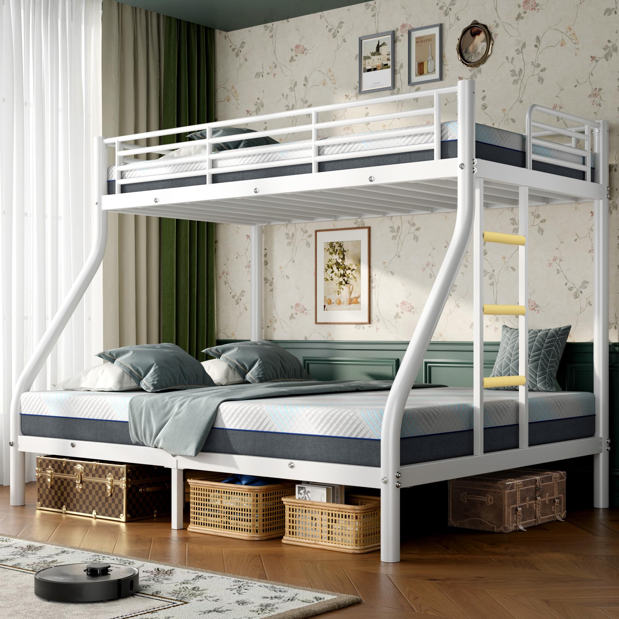 Cyranture Twin XL over Full Bunk Bed with Mattresses in White