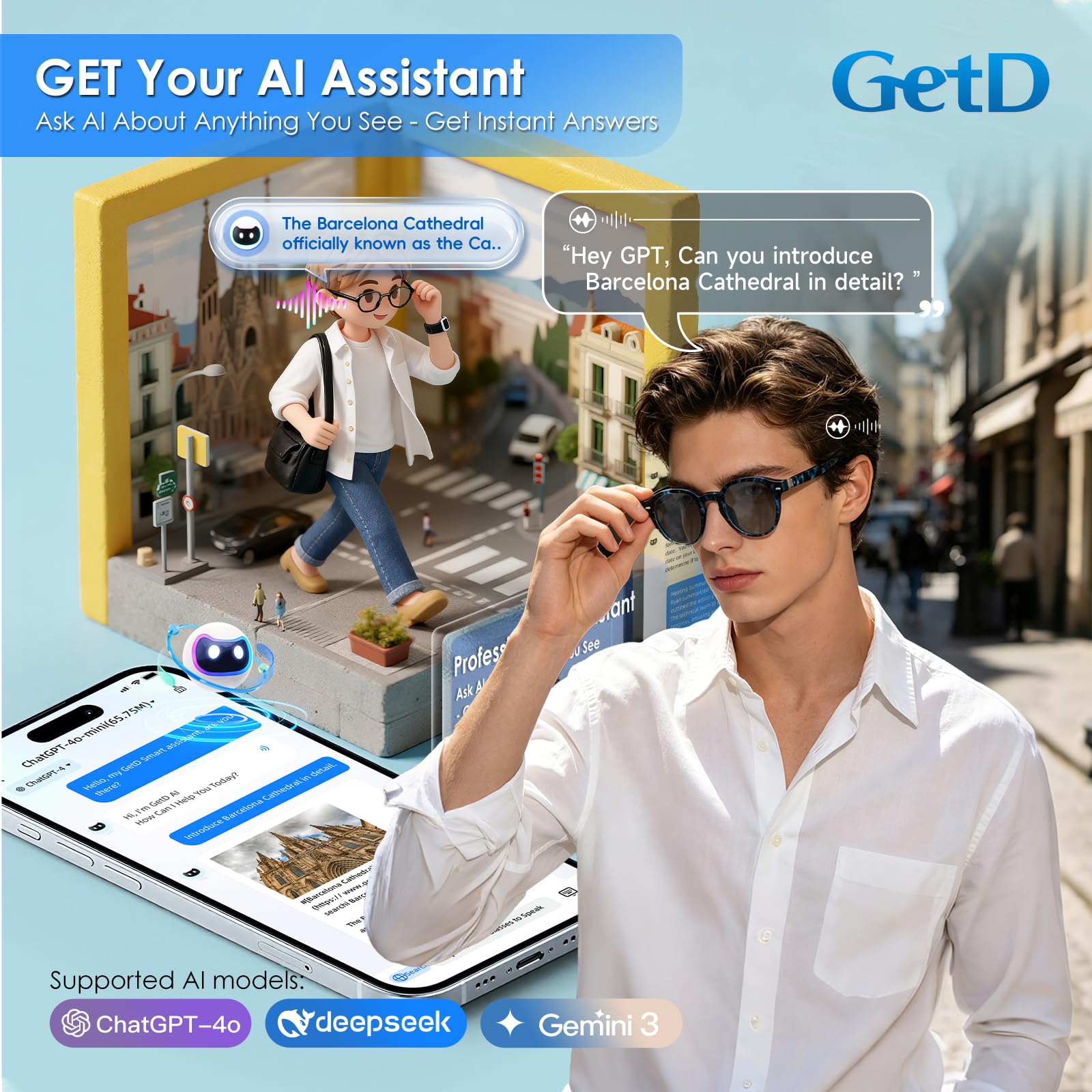 GetD Lunettes intelligentes, lunettes de soleil polarisées, lunettes de musique Bluetooth, batterie 11H pour homme/femme, écouteurs et lunettes 2 en 1 (GG24lite-C3)