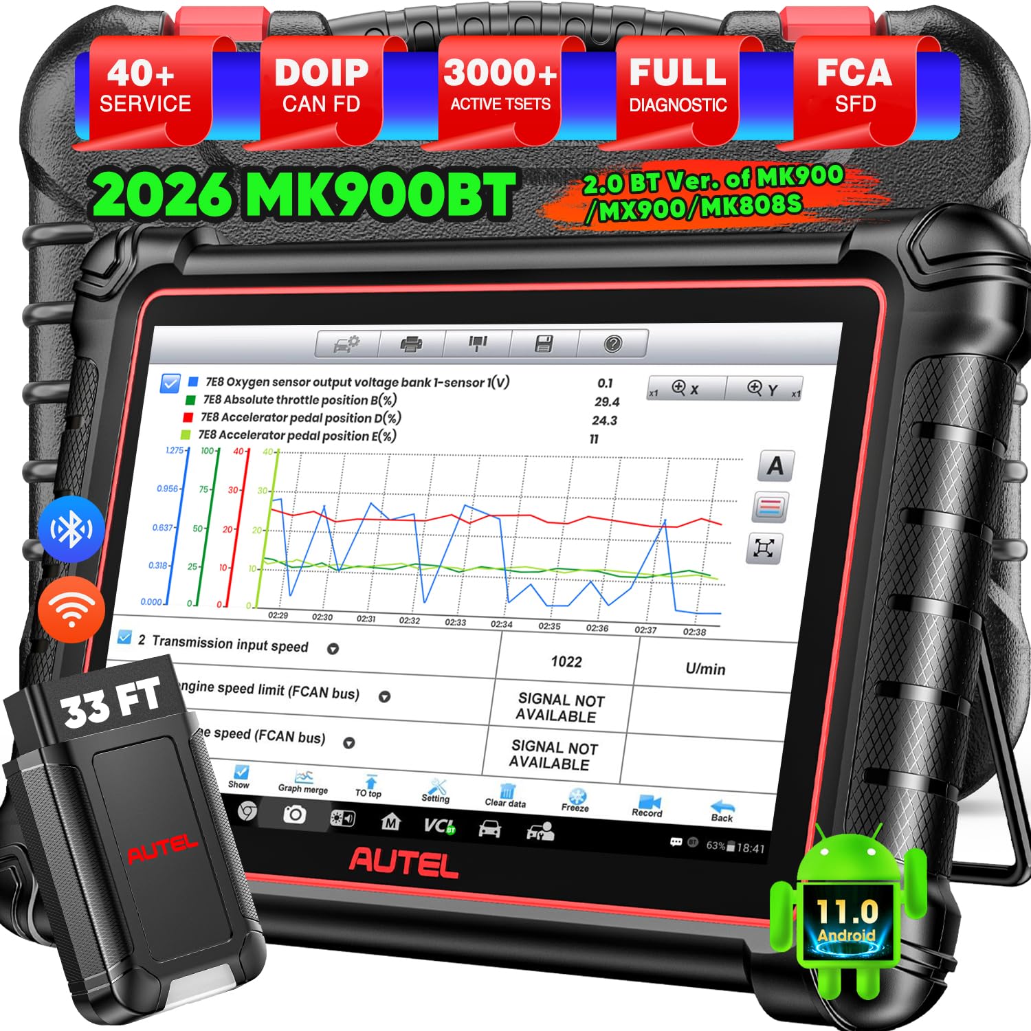 Autel Scanner MaxiCOM MK900BT, 2026 MK900-BT Bidirectional Diagnostic Scan Tool, 2.0 BT Ver. of MK900 MX900, 8in Up of MK808S MK808BT PRO MX808S MK808Z, 40+ Reset, 3K+ Active Tests, CAN FD & DoIP, FCA