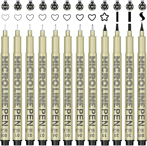 Micro-Pen Fineliner - Bolígrafos de tinta negros juego de microbolígrafos de 12 tamaños, bolígrafos de tinta de punta fina para artistas,