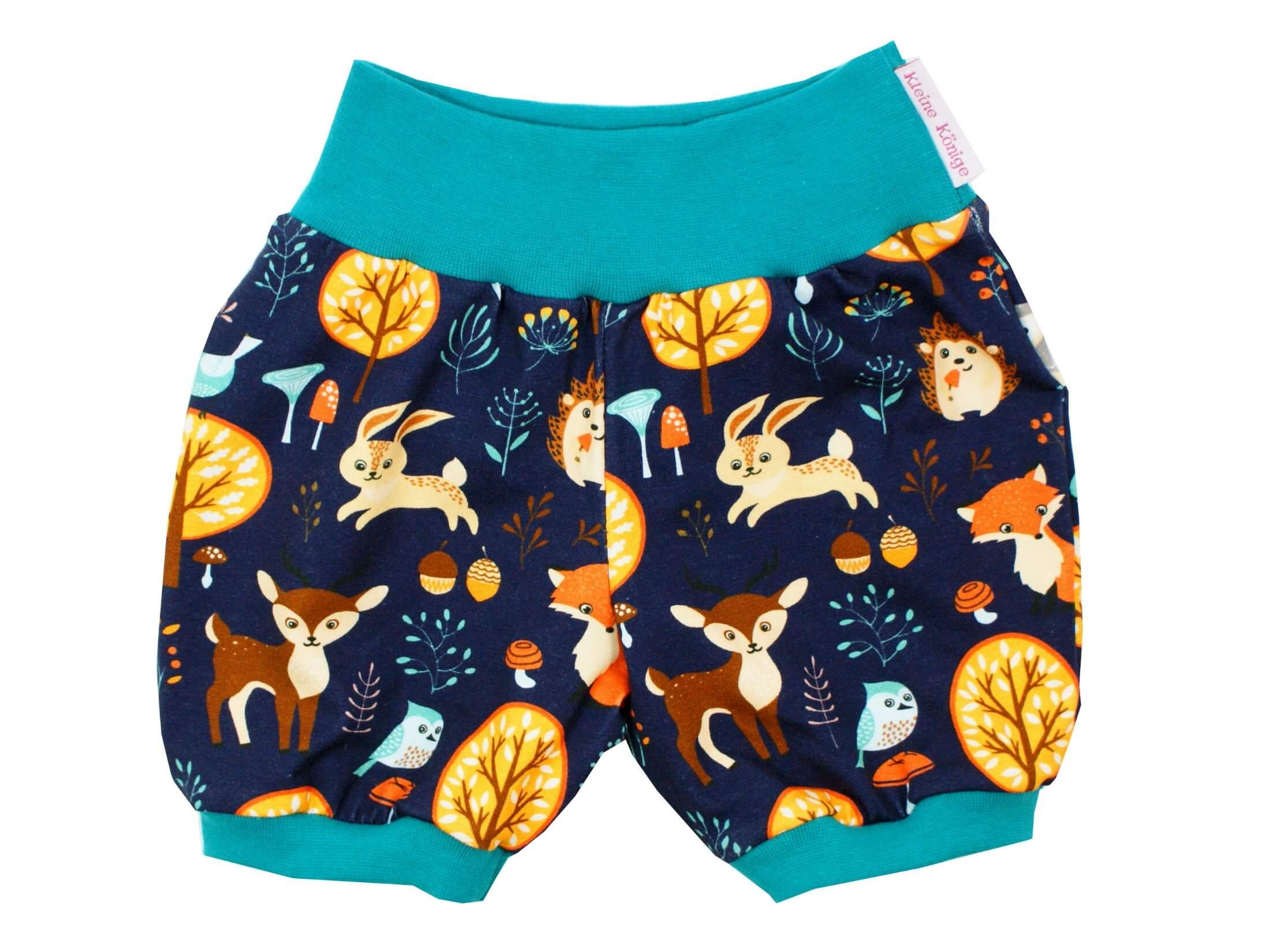 Kleine Könige Kurze Pumphose Baby Jungen Shorts · Modell Fuchs Waldtiere Forest Friends Marine, Tanne · Ökotex 100 Zertifiziert · Größe 110/116