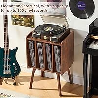 Vista 4 de LELELINKY Soporte para tocadiscos, mesa de almacenamiento de discos de vinilo con 4 gabinetes de hasta 100 álbumes, soporte para tocadiscos de Marrón