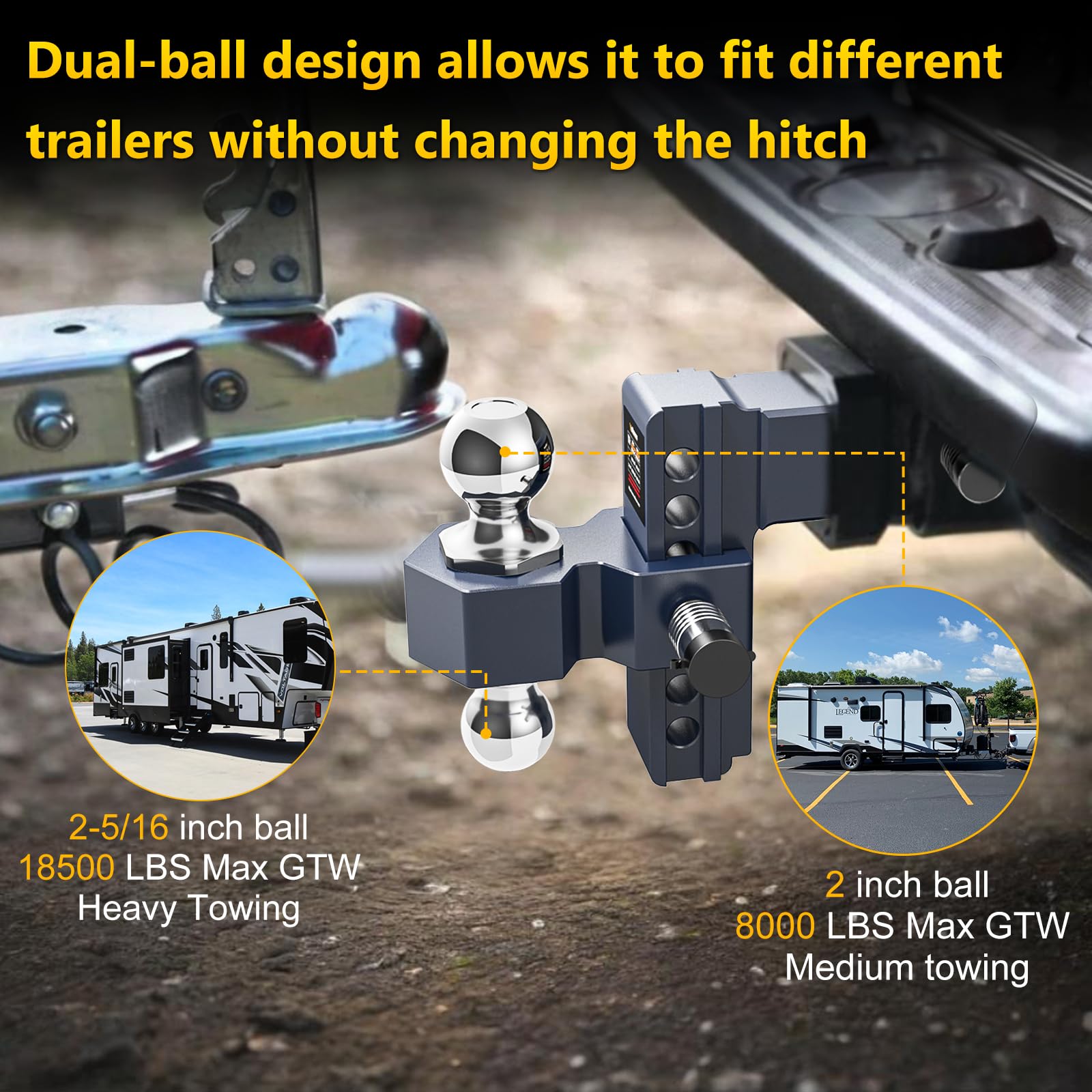 Adjustable Trailer Hitch, Drop Hitch for 2.5 Inch Receiver, 6 inch Aluminum Truck Hitch, 2 and 2-5/16 inch Balls, 18,500 LBS GTW, Tow Hitches with Two Anti-Theft Locks — view 5