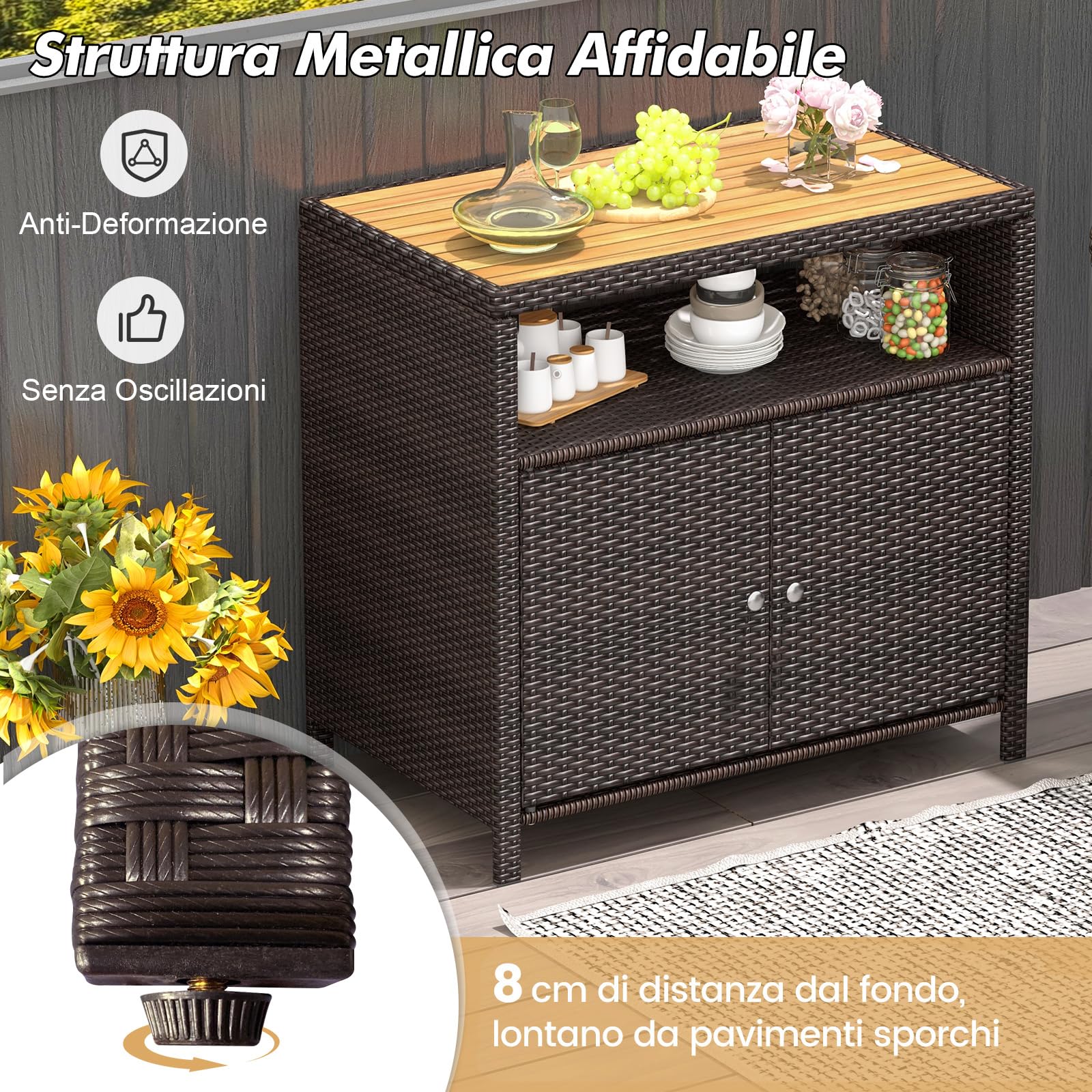 COSTWAY Armadietto Portaoggetti in Rattan, Mobile Buffet per Esterni in Legno di Acacia, Con Compartimento Aperto e Armadio Chiuso a 2 Ante, per Piscina, Terrazza e Patio, 90 x 53 x 86 cm (Marrone)
