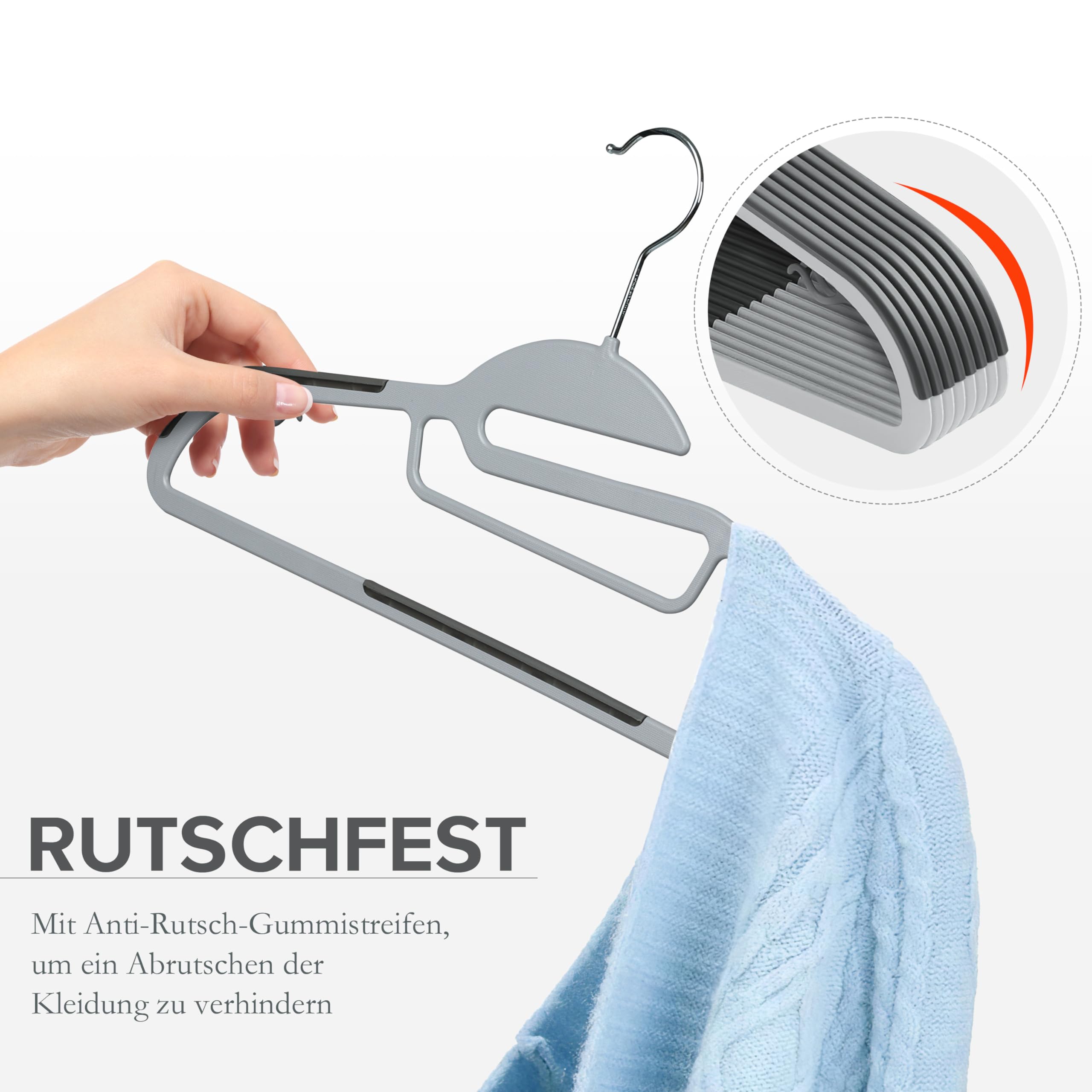 Ribelli Kleiderbügel Kunststoff 50 Stück, Rutschfester Kunststoffbügel, 0,5 cm dick Bügel Platzsparend mit um 360° Drehbarem Haken, Kleiderbügel mit Krawattenhalter für Mäntel, Hosen, Tanktops, 500799