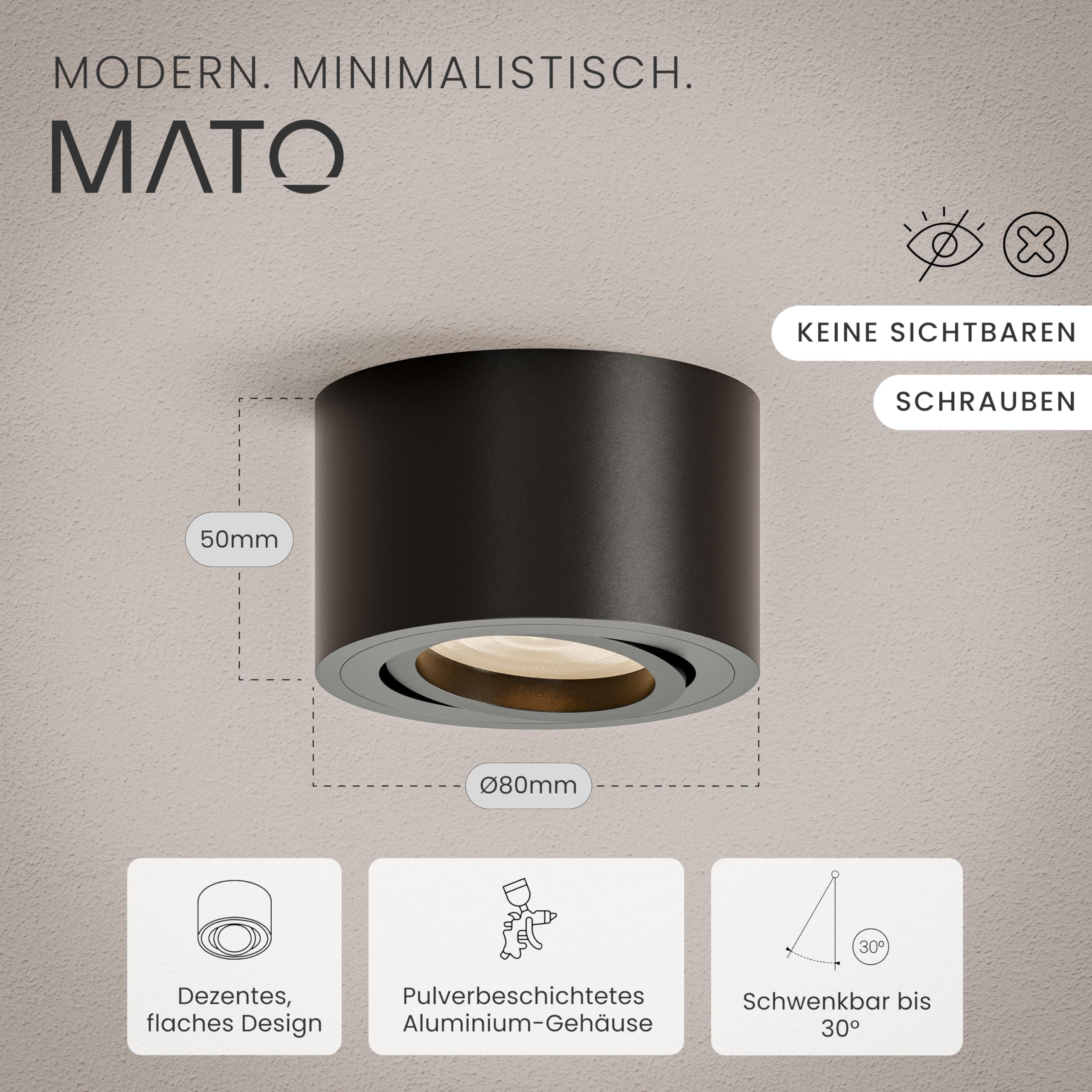 MATO Aufbauspot schwarz extra flach schwenkbar Ø80x50mm 5W LED Modul 230V 3000K/4000K/6500K Deckenspots