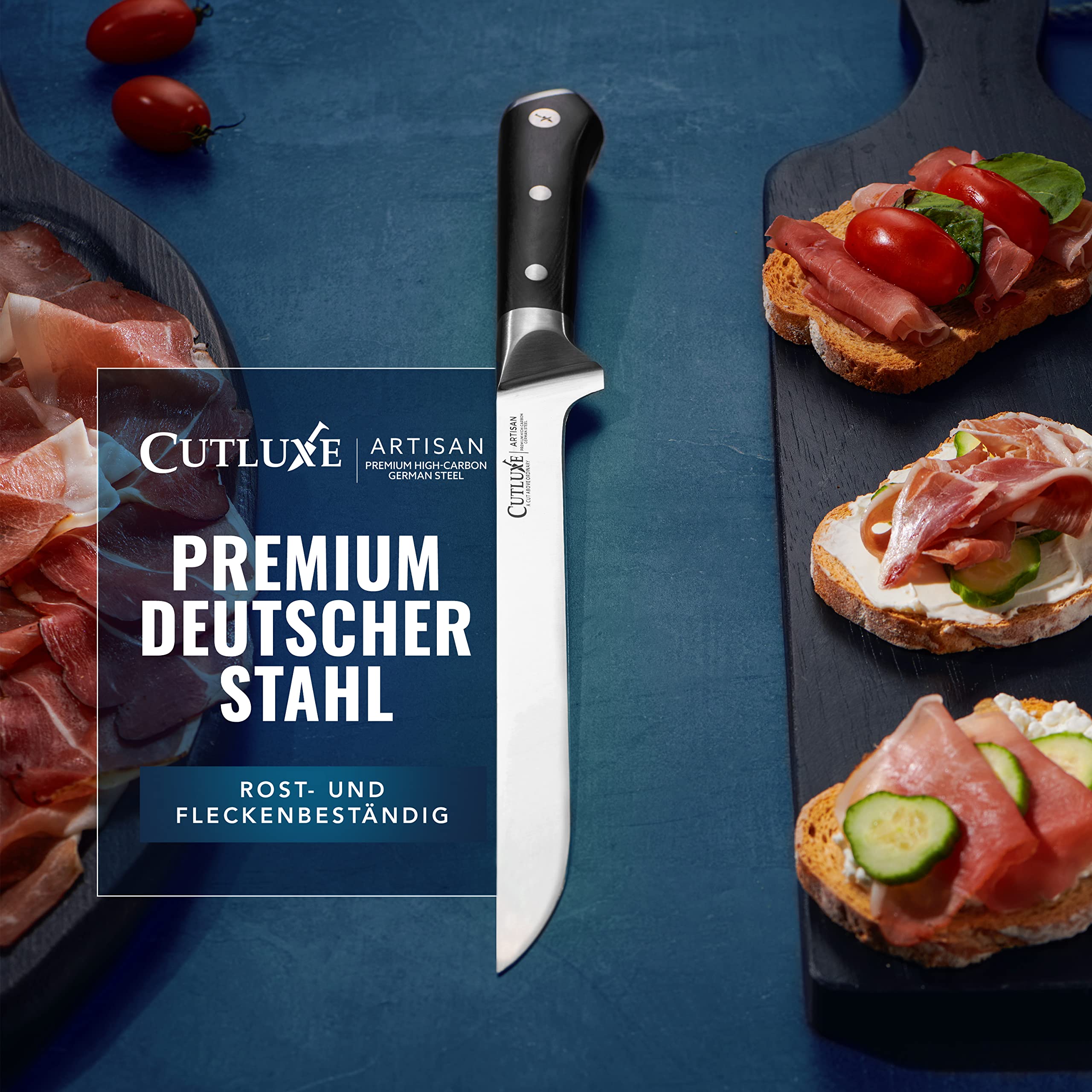 Cutluxe Schinkenmesser - 25cm Tranchiermesser für Fleisch und BBQ - Scharfes Messer aus deutschem Stahl - Volltang und ergonomisches Griffdesign - Artisan Serie