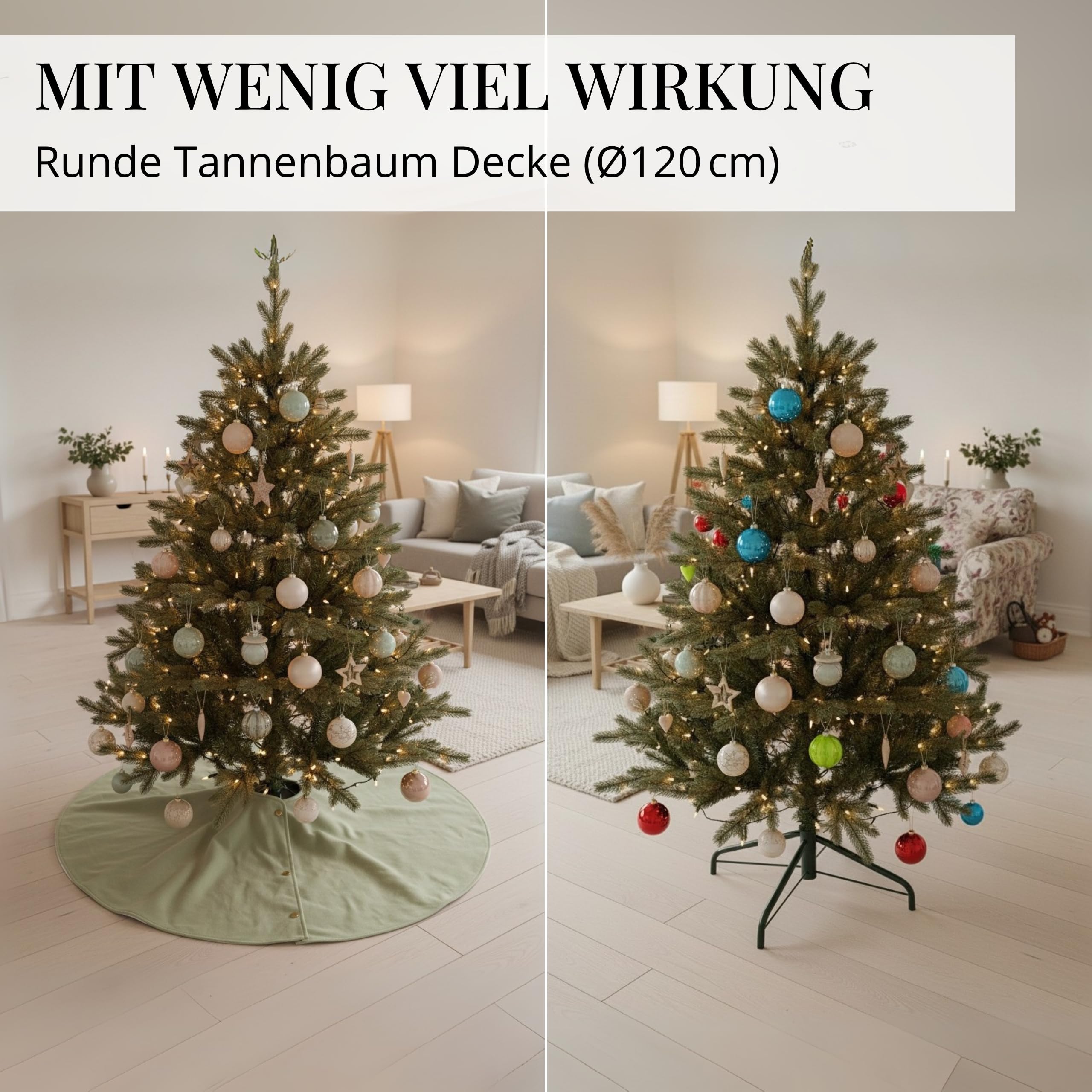 Livlig53 Weihnachtsbaum Decke ø120cm, Weihnachtsbaumdecke rund aus 100% Baumwolle, 2in1 Design - wendbare Tannenbaum Decke, Weihnachtsbaumrock, Weihnachtsbaum Decke Beige I Grün mit Goldsaum