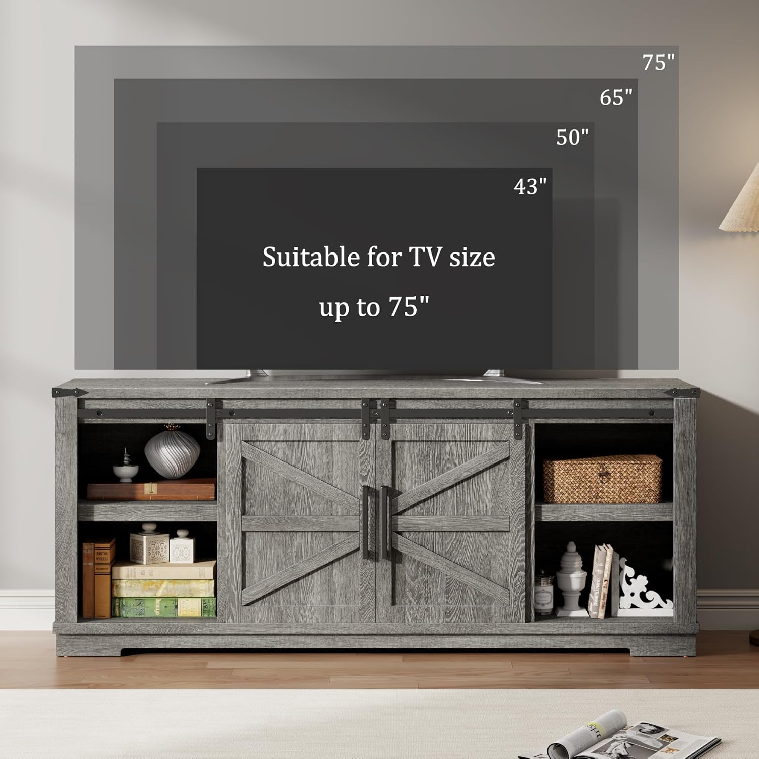 Farmhouse TV Stand for 55/65/75 Inch TVs, 66'' Wide Entertainment Center with Storage and Sliding Barn Doors, Media Console TV Cabinets with Adjustable Shelf for Living Room, Bedroom, Grey