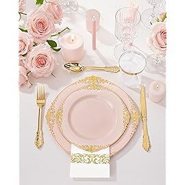 Nervure 350PCS Pink Plastic Plates - Pink Dinnerware Sets for 50 Guests - 100 Disposable Plates, 150 Gold Plastic Silverware, 50 Cups, 50 Napkins for Wedding & Party