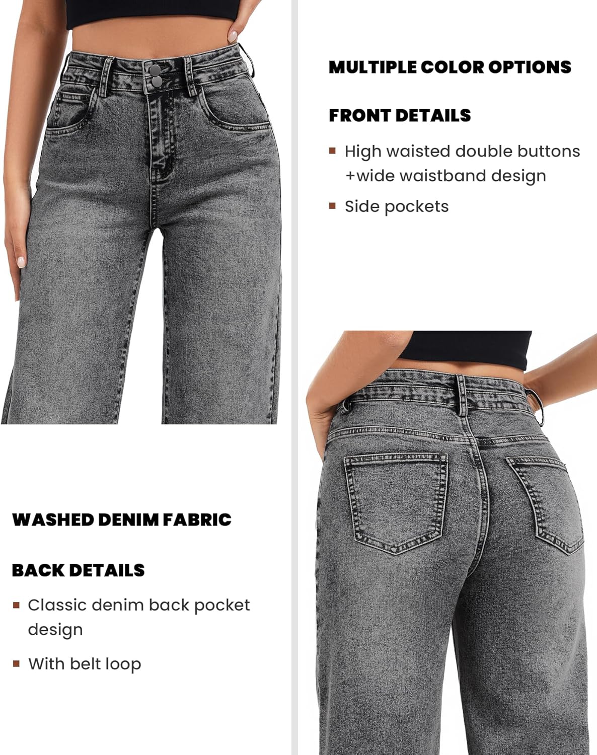 Women's Wide Leg Jeans Baggy High Waist Boyfriends Strechy Raw Hem Denim Pants - Image 3