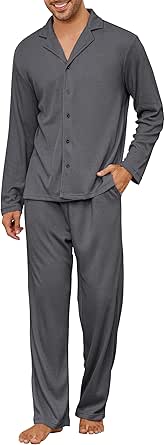 Andeip Herren Pyjama Set Waffelstrick Hausanzug Pjs Set Langarm Oberteil Und Hose Nachtwäsche 2 Stück Geknöpft Schlafanzug