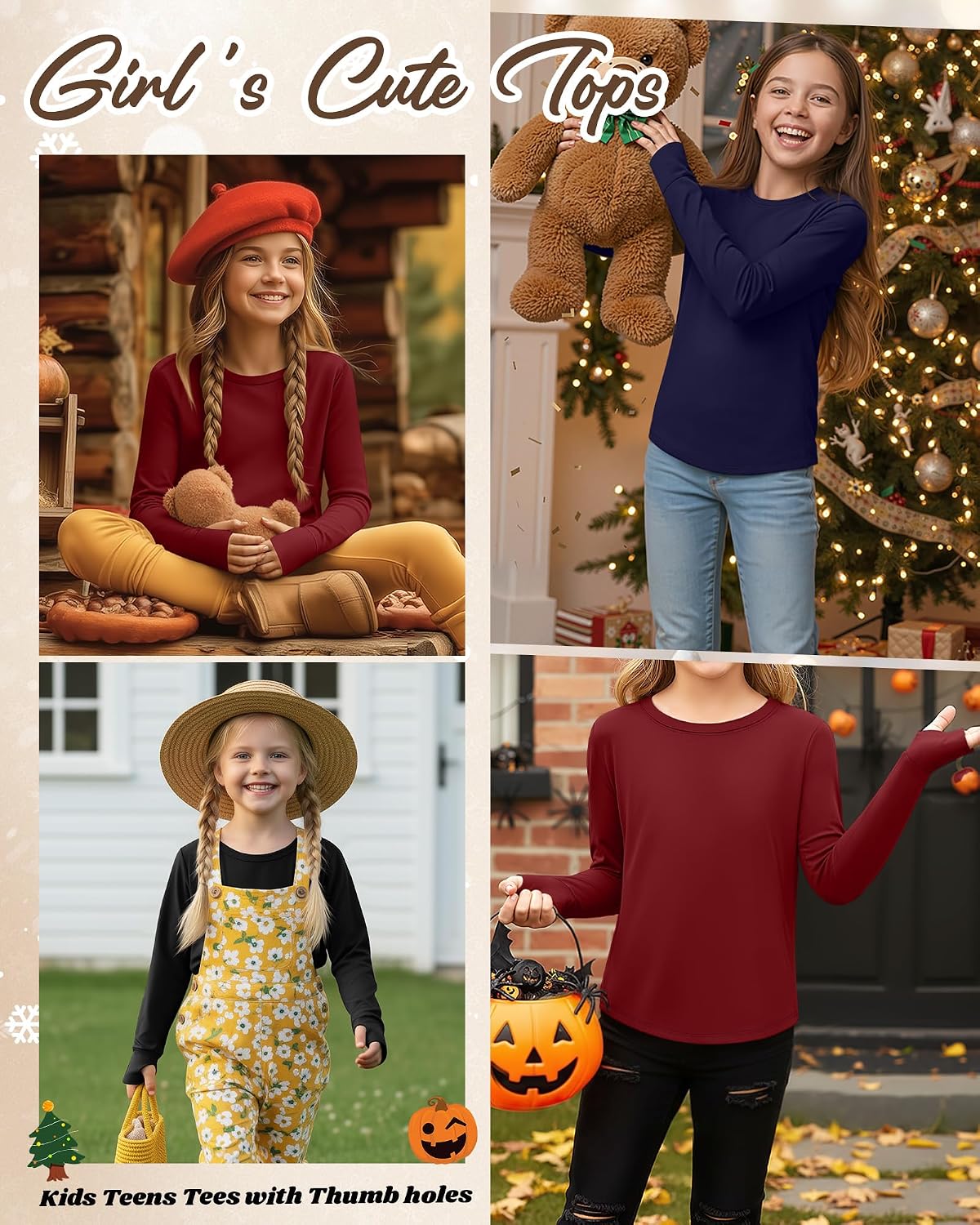 3 Pack Girls' Long Sleeve Shirts with Thumb Holes Cotton Crew Neck Layering Tees Casual Basic Soft Tops 5-14Y