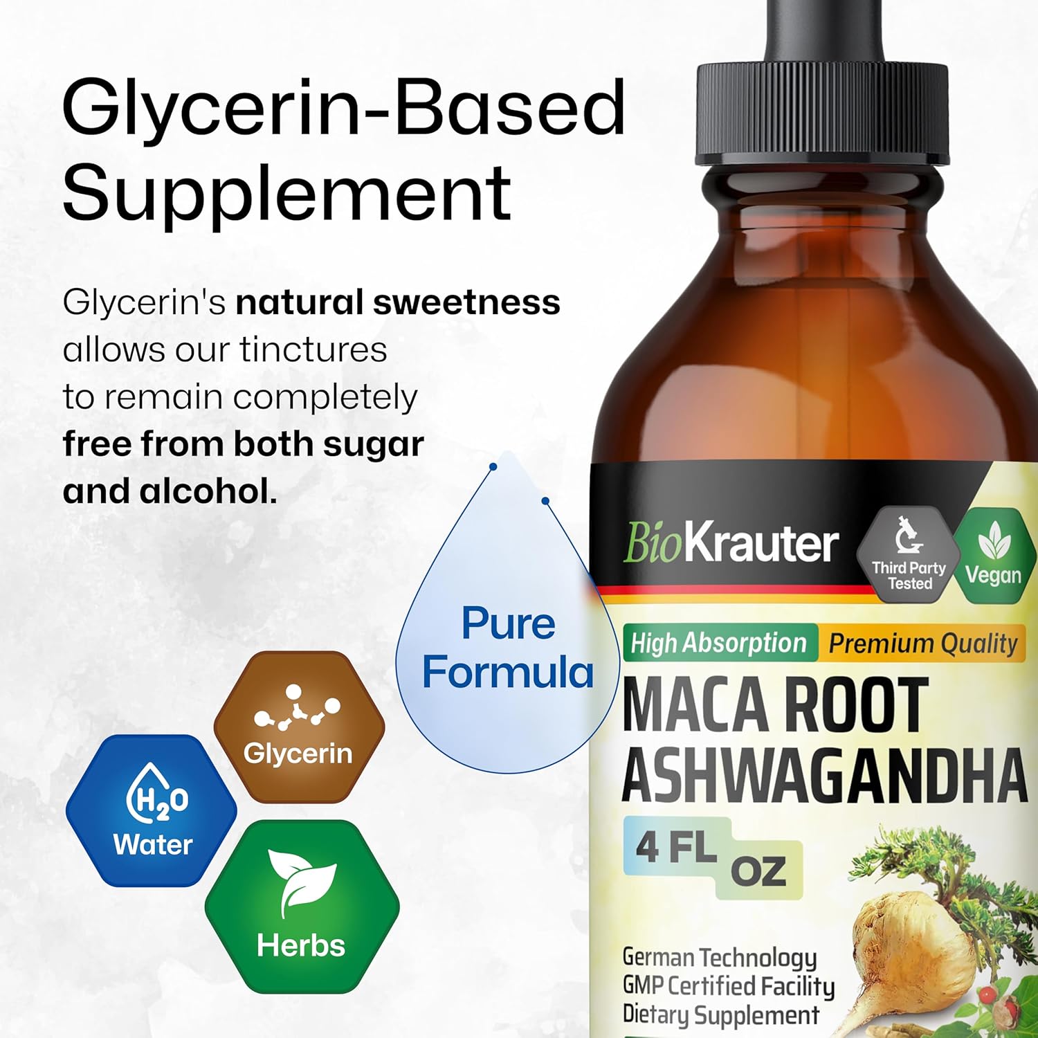 BIO KRAUTER Maca Root and Ashwagandha Tincture - Maca & Ashwagandha Supplements for Men & Women - Adaptogenic Liquid Supplement for Mood Support - Alcohol and Sugar Free Vegan Drops 4 Fl.Oz. - Image 6