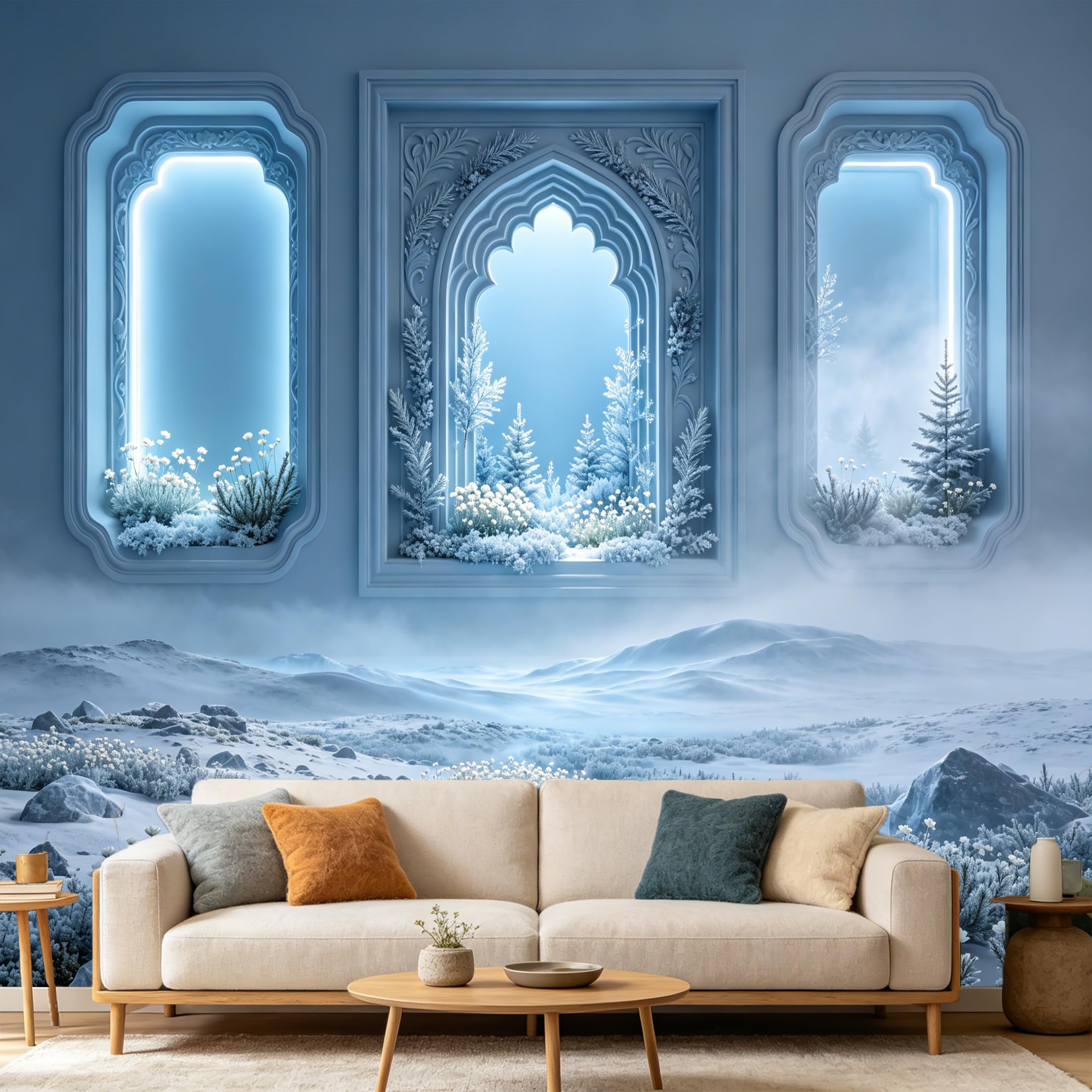 Custom Size Wall Mural， 3D Snowy Archway Winter Forest Alpine Mountain Landscape， SelfAdhesive Art Prints wall Fabric Removable Large Wallpaper Home Living Room Decor