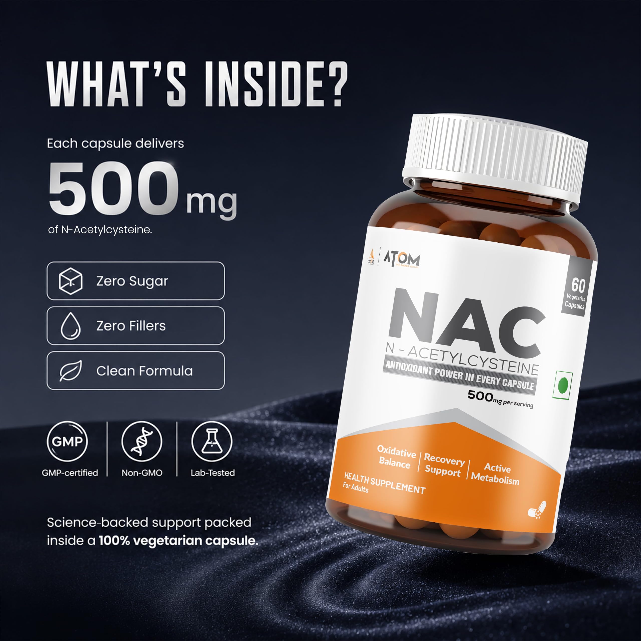 AS-IT-IS ATOM NAC (N-Acetylcysteine) 500mg I 60 Veg Capsules I Antioxidant Support for Overall Health I Health Supplement for Men & Women — Amazon image 3