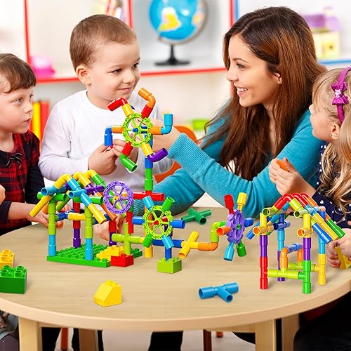 Miniatura 2 de burgkidz STEM - Bloques de construcción de tubo de aprendizaje para tubo, juguetes sensoriales con ruedas, placa base para todas las edades, niños y