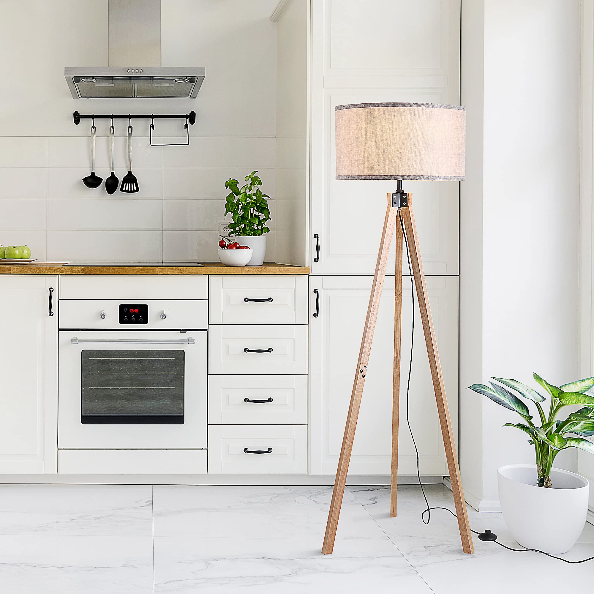HOMCOM - Lámpara de pie trípode estilo escandinavo (40 W, máx. Dom. 45 x 45 x 152 cm. Madera de pino lino beige
