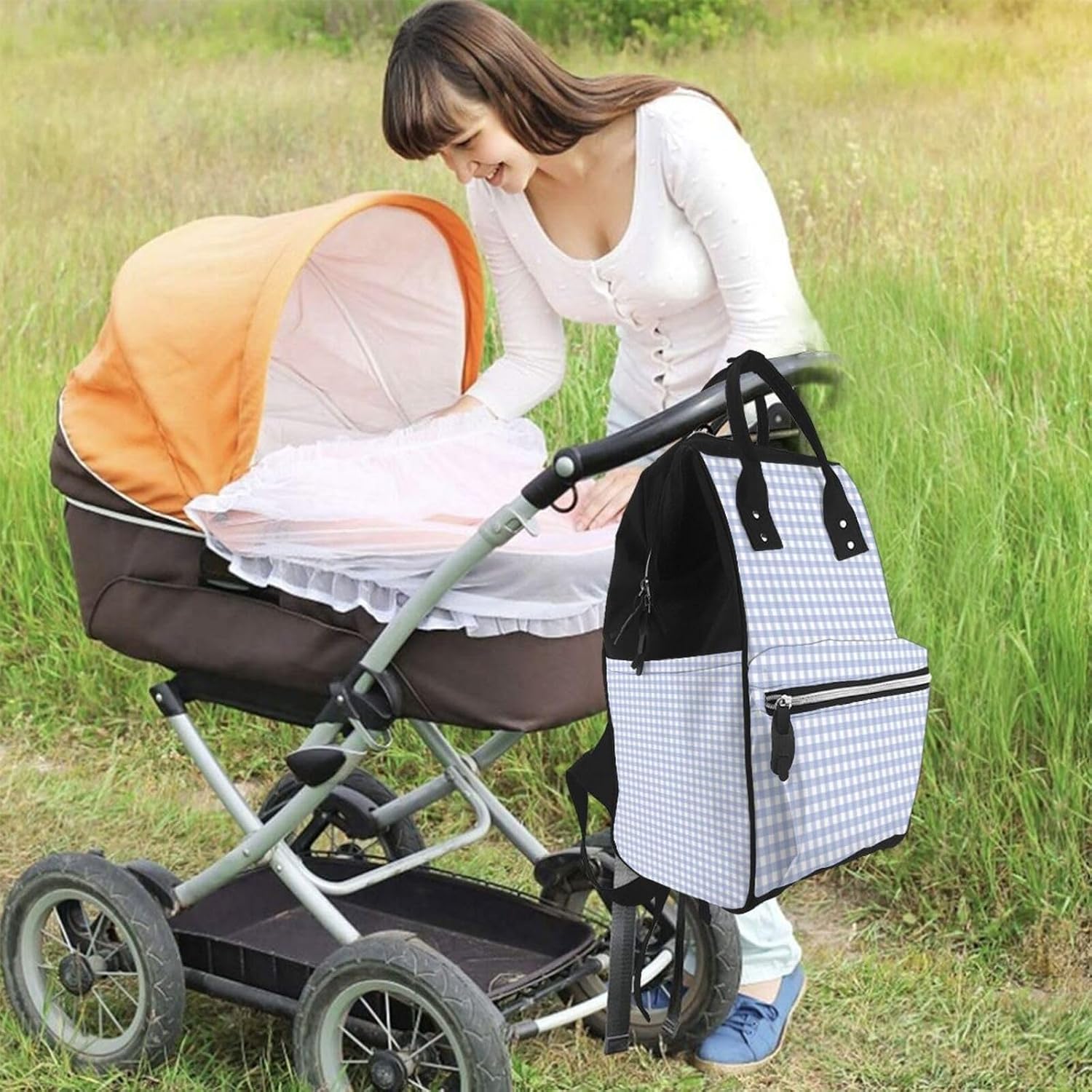 Blue Gingham Diaper Bag Backpack For Baby Girls, Mom Waterproof Large Nappy Bags For Women