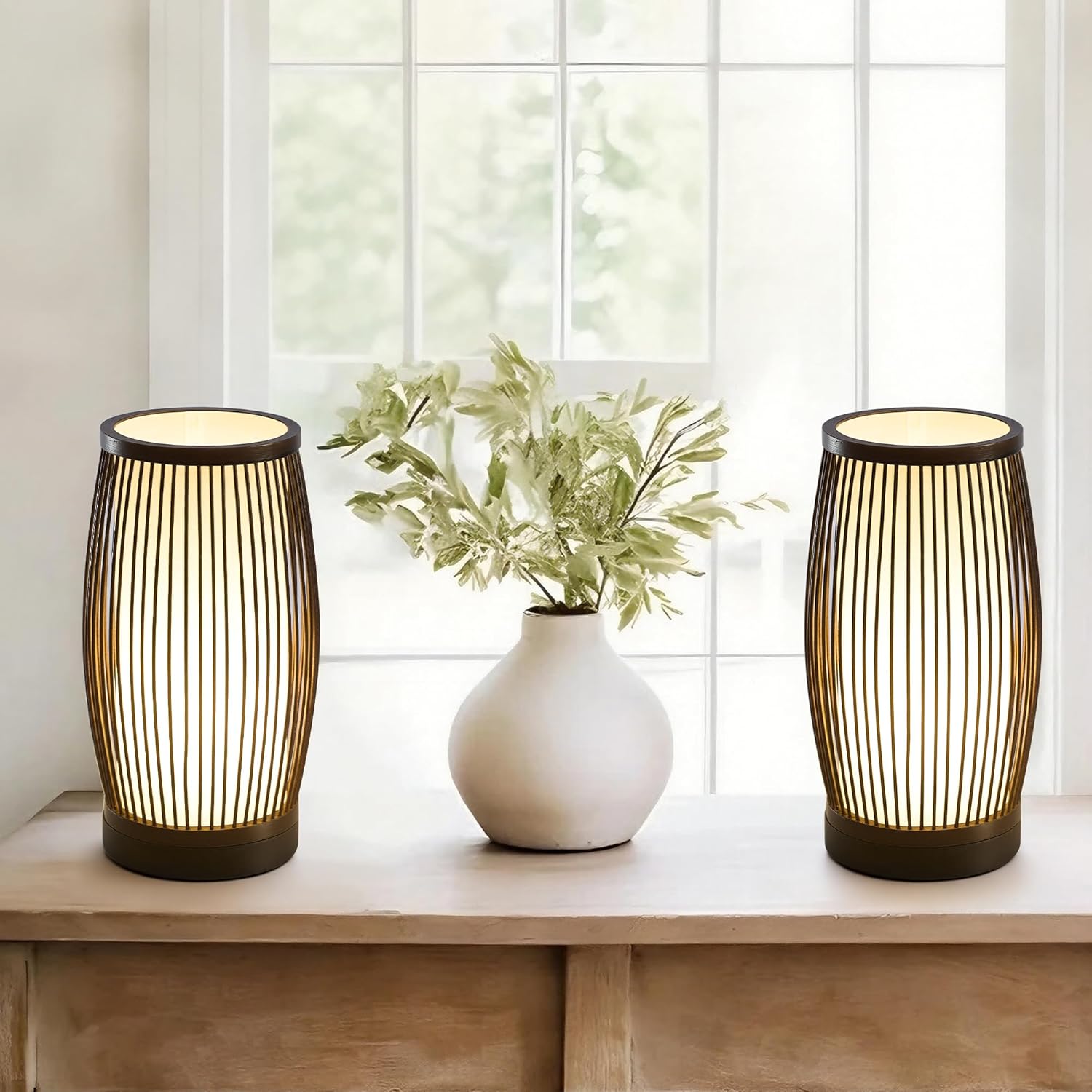 Boho Bamboo Table Lamps Set of 2, Slatted Bamboo Bedside Nightstand Lamps with Beige Linen Shade, Small Modern Lamp for Bedroom Living Room Dorm Decor