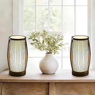 Set of 2 Boho Bamboo Table Lamps,Handmade Woven Bedside Lamp,Nightstand ...